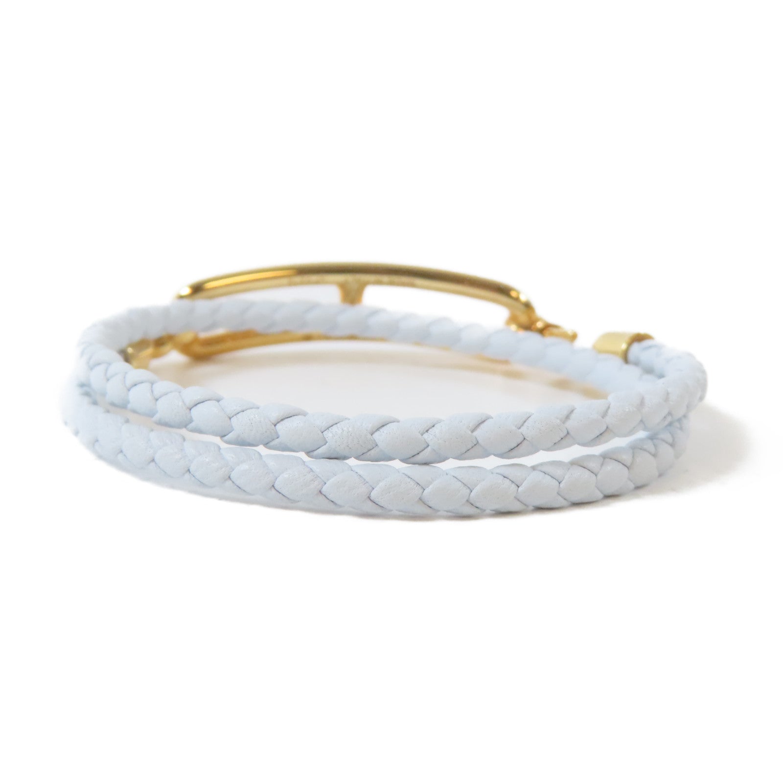 HERMES 皮革/金屬Roulis Double Tour Bracelet手鐲淺藍色/金色