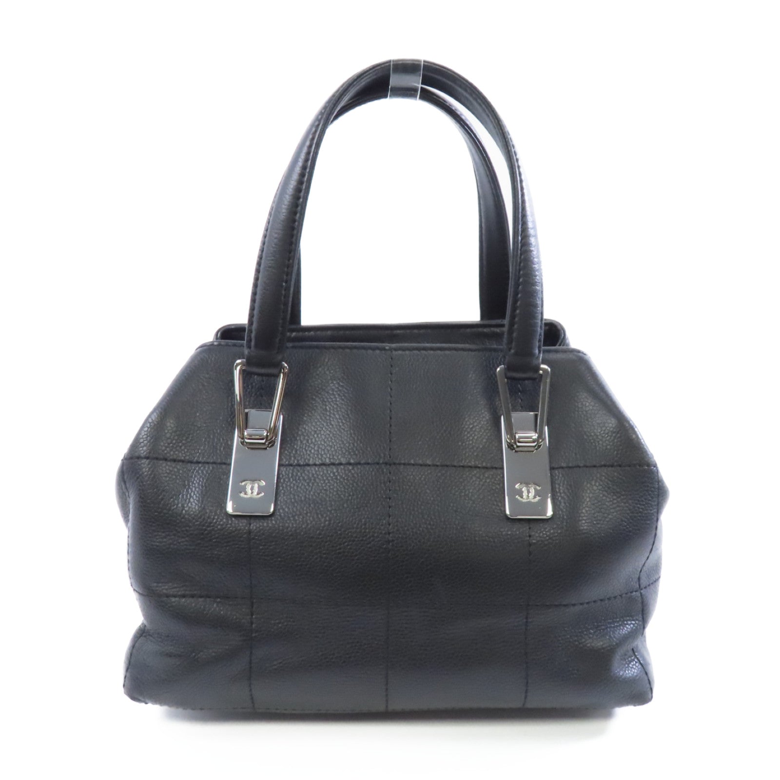 CHANEL 牛皮皮革Handbag銀扣手挽袋黑色