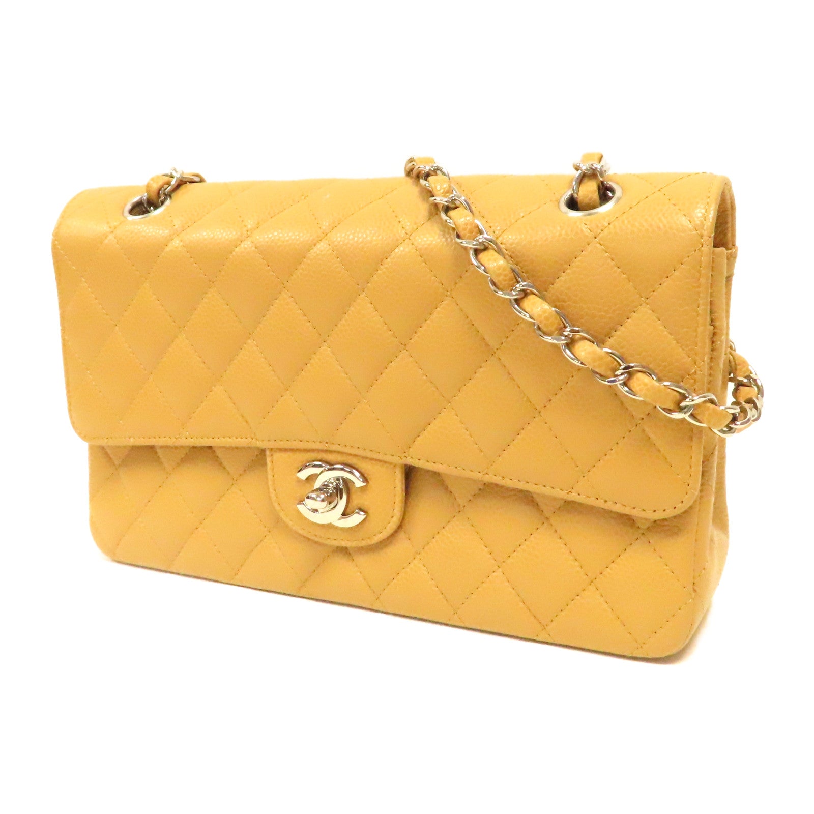 CHANEL 【激減優惠】Caviar皮革Classic 25cm銀扣鏈帶肩背袋米色