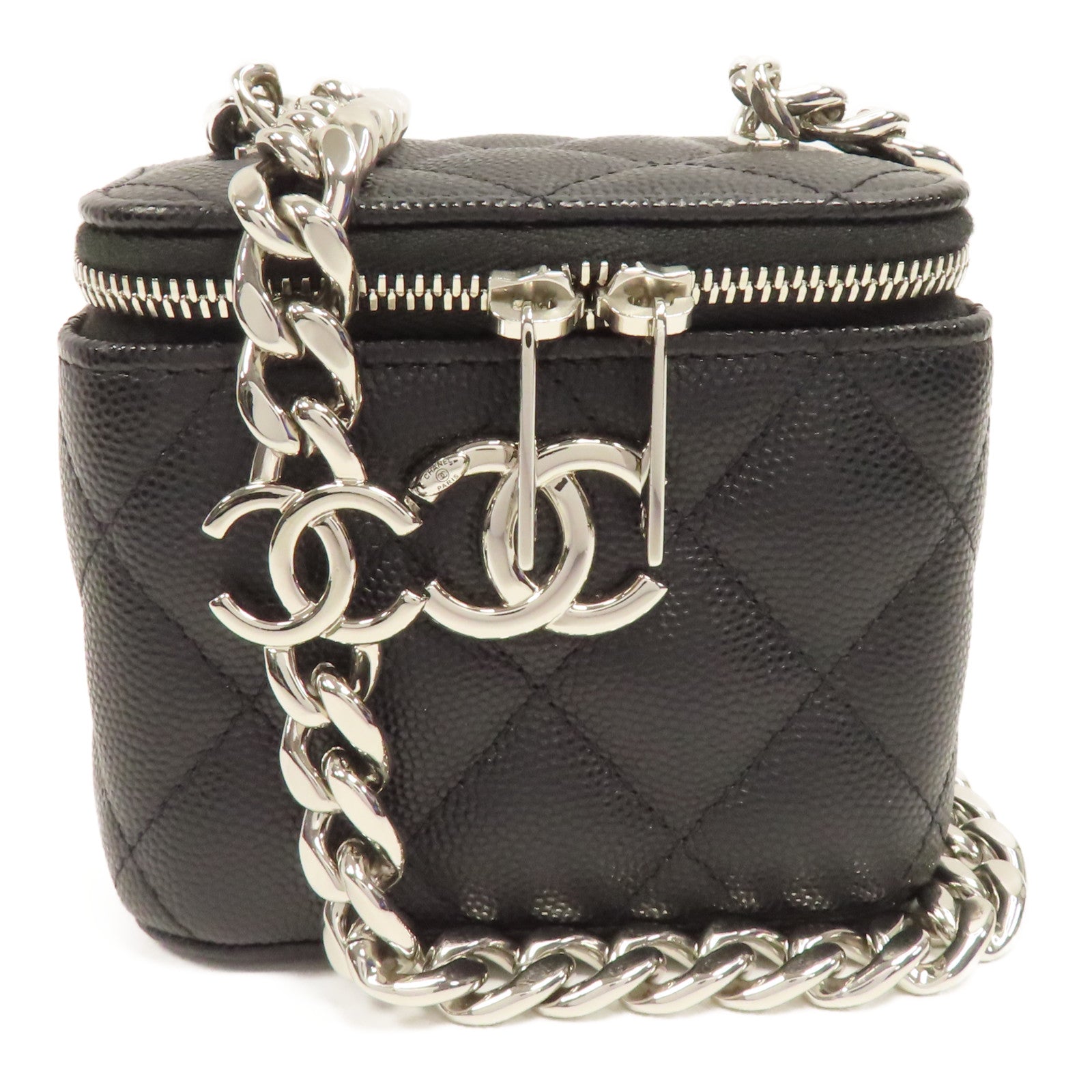 CHANEL 菱格Caviar皮革Vanity Case銀扣鏈帶肩背袋黑色