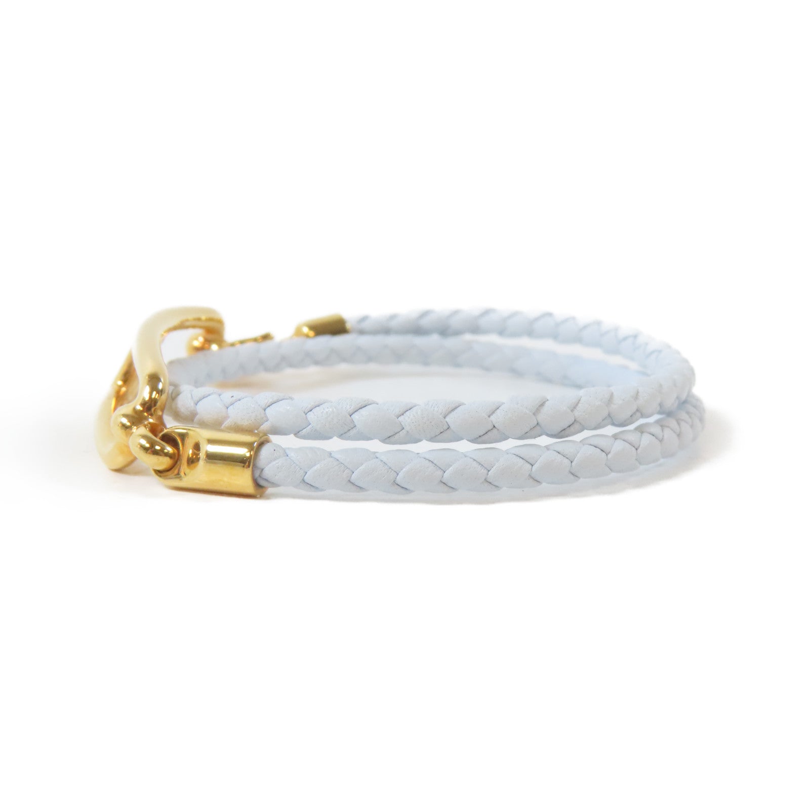 HERMES 皮革/金屬Roulis Double Tour Bracelet手鐲淺藍色/金色