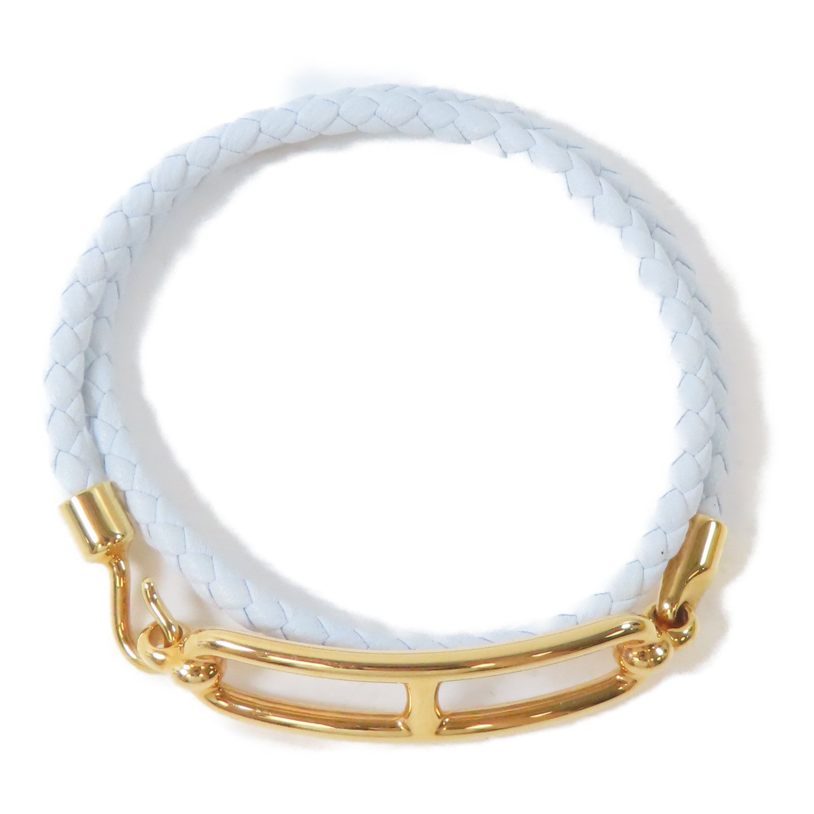 HERMES 皮革/金屬Roulis Double Tour Bracelet手鐲淺藍色/金色