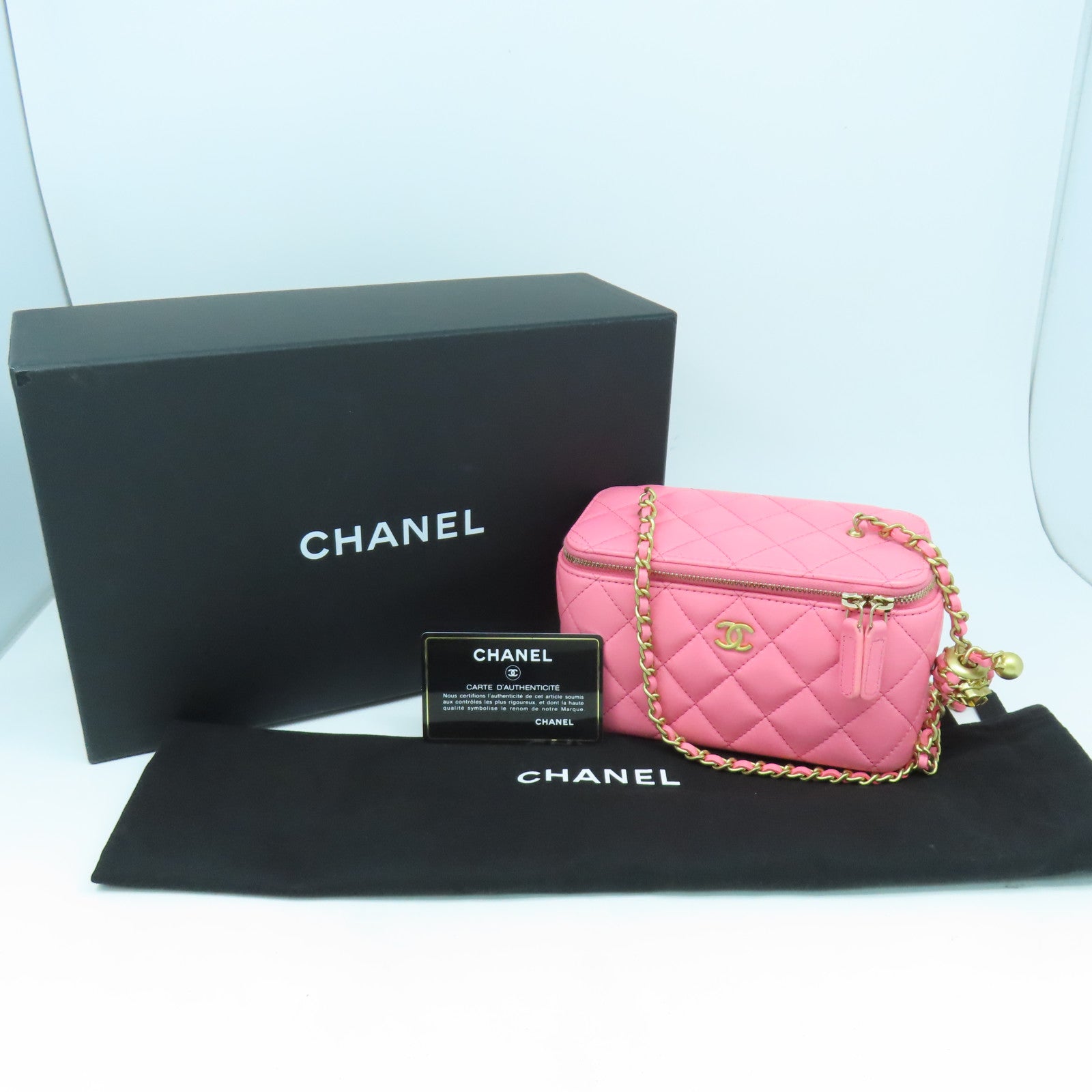 CHANEL 【激減優惠】菱格羊皮皮革Vanity Case金扣鏈帶肩背袋粉紅色