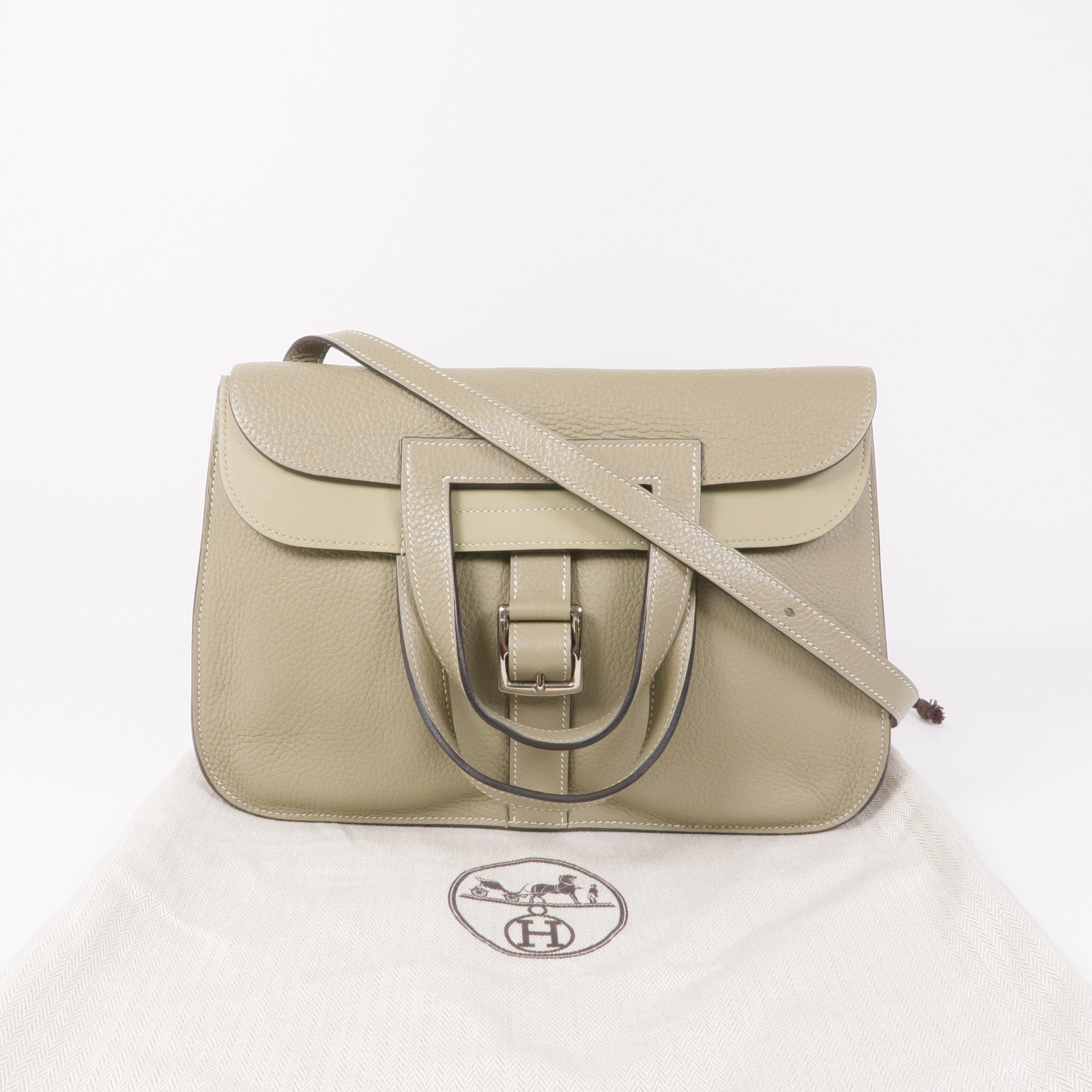 HERMES Clemence皮革Halzan 31銀扣手挽肩背兩用袋Sauge