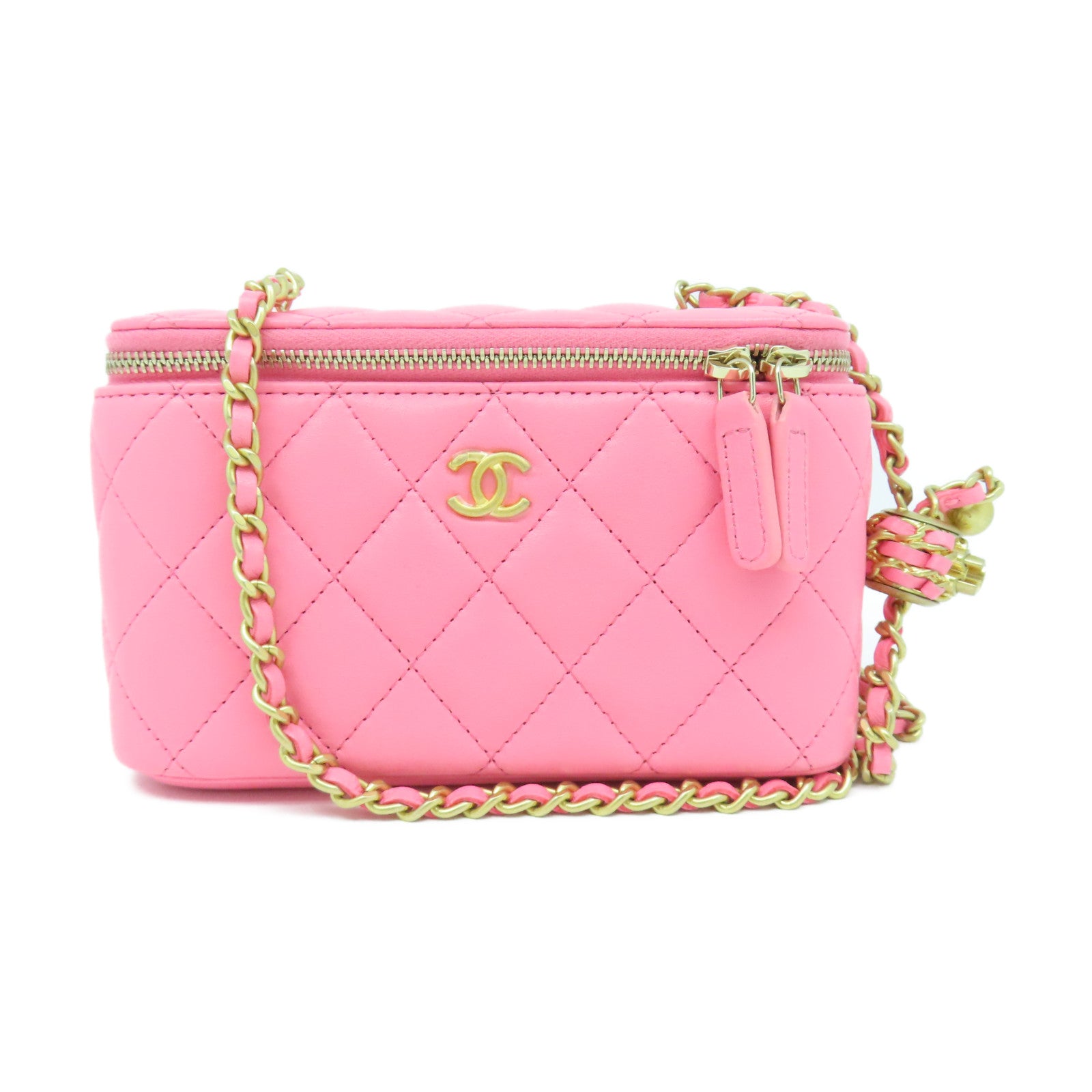 CHANEL 【激減優惠】菱格羊皮皮革Vanity Case金扣鏈帶肩背袋粉紅色