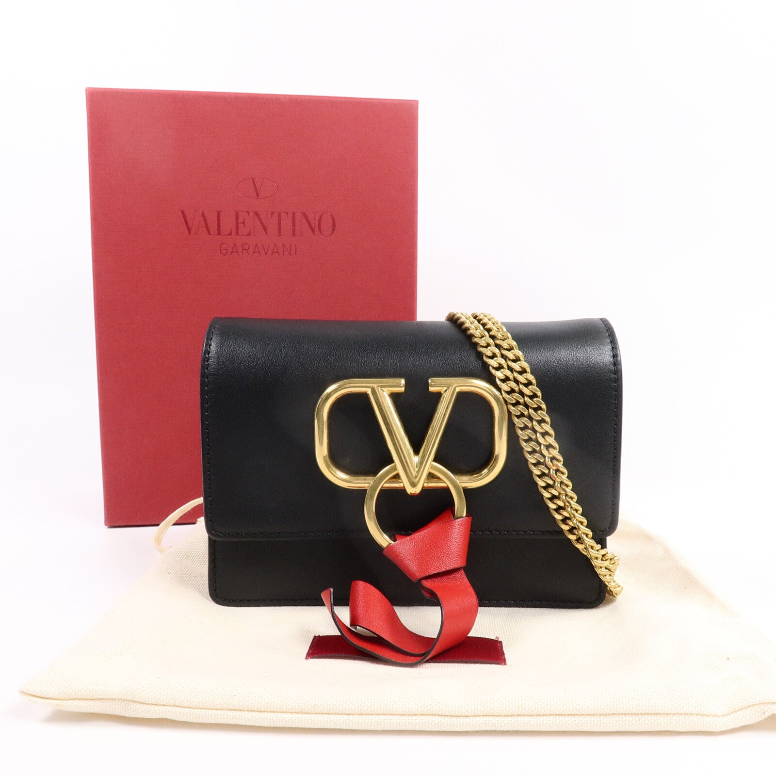 Valentino 牛皮皮革Vlogo Ribbon鏈帶肩背袋