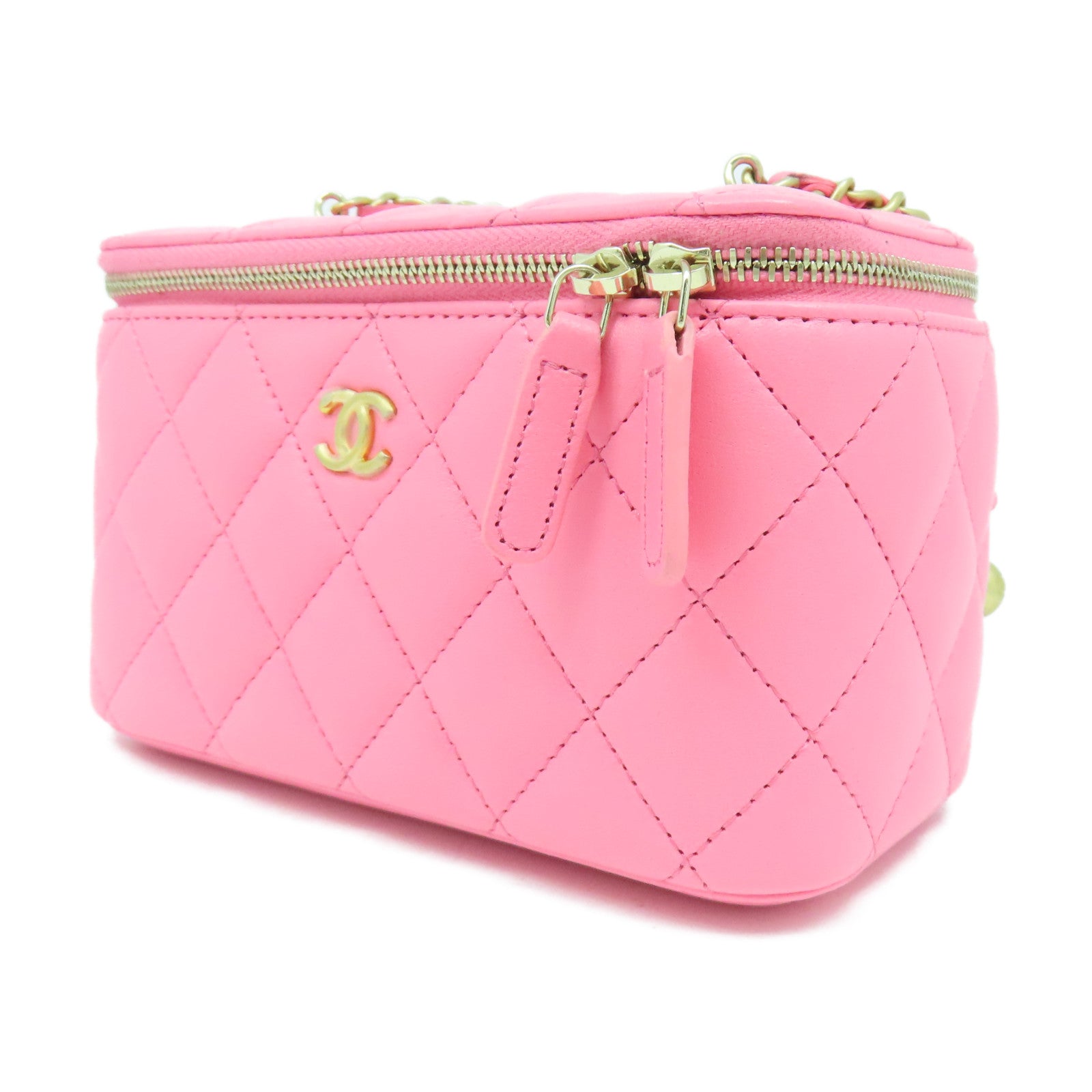 CHANEL 【激減優惠】菱格羊皮皮革Vanity Case金扣鏈帶肩背袋粉紅色