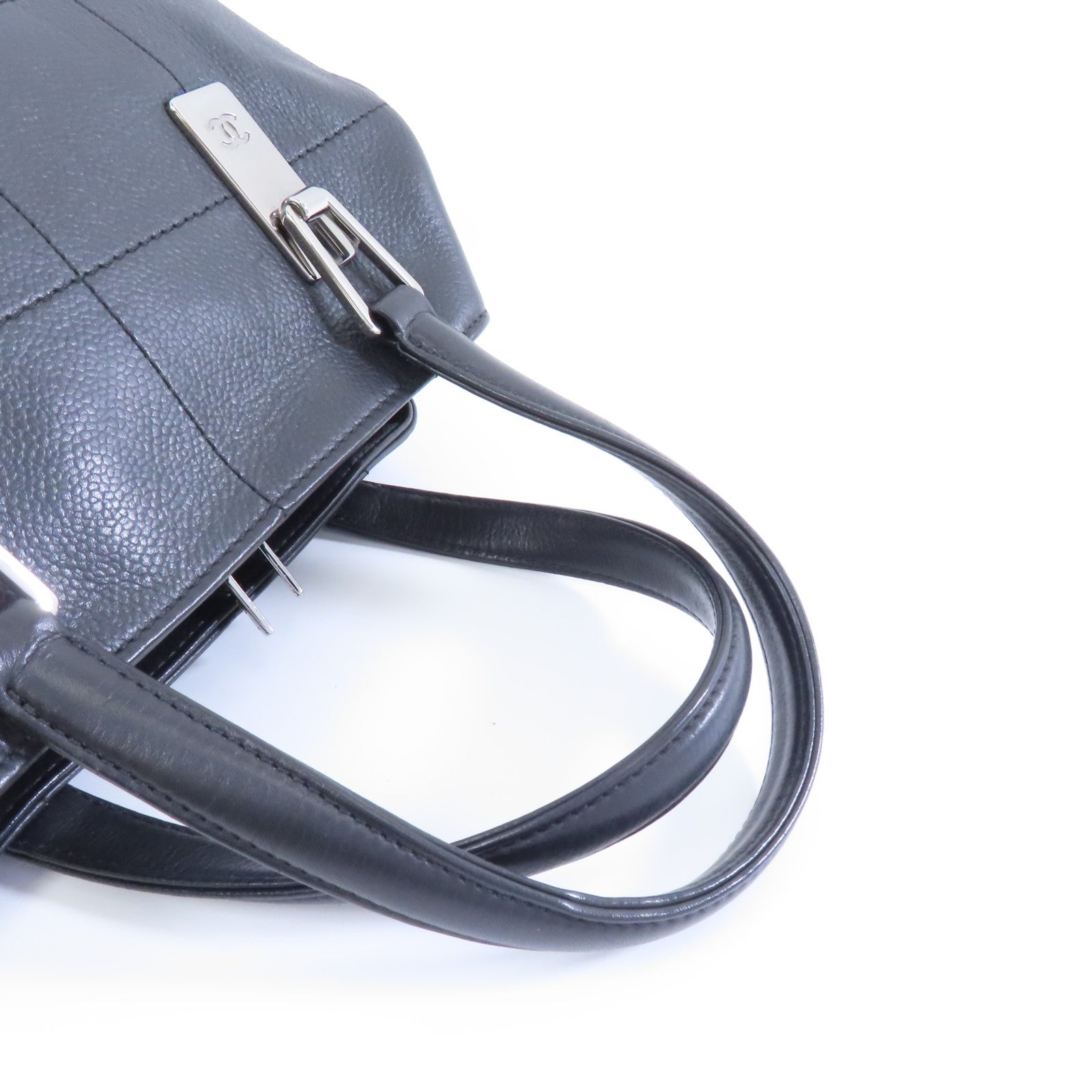 CHANEL 牛皮皮革Handbag銀扣手挽袋黑色