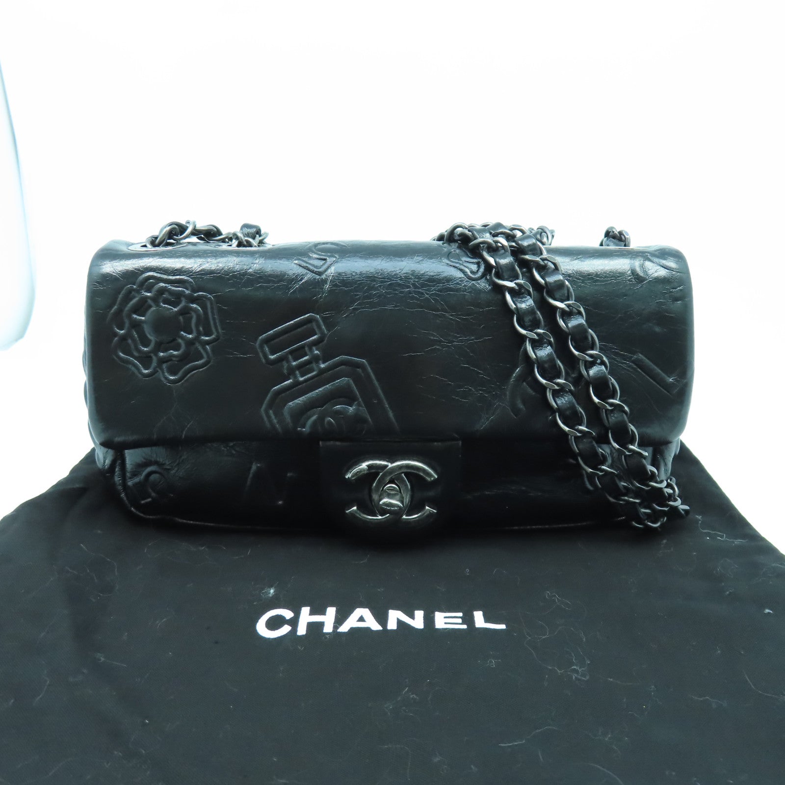 CHANEL 【清倉大減價】牛皮皮革Chain Shoulder銀扣鏈帶肩背袋黑色