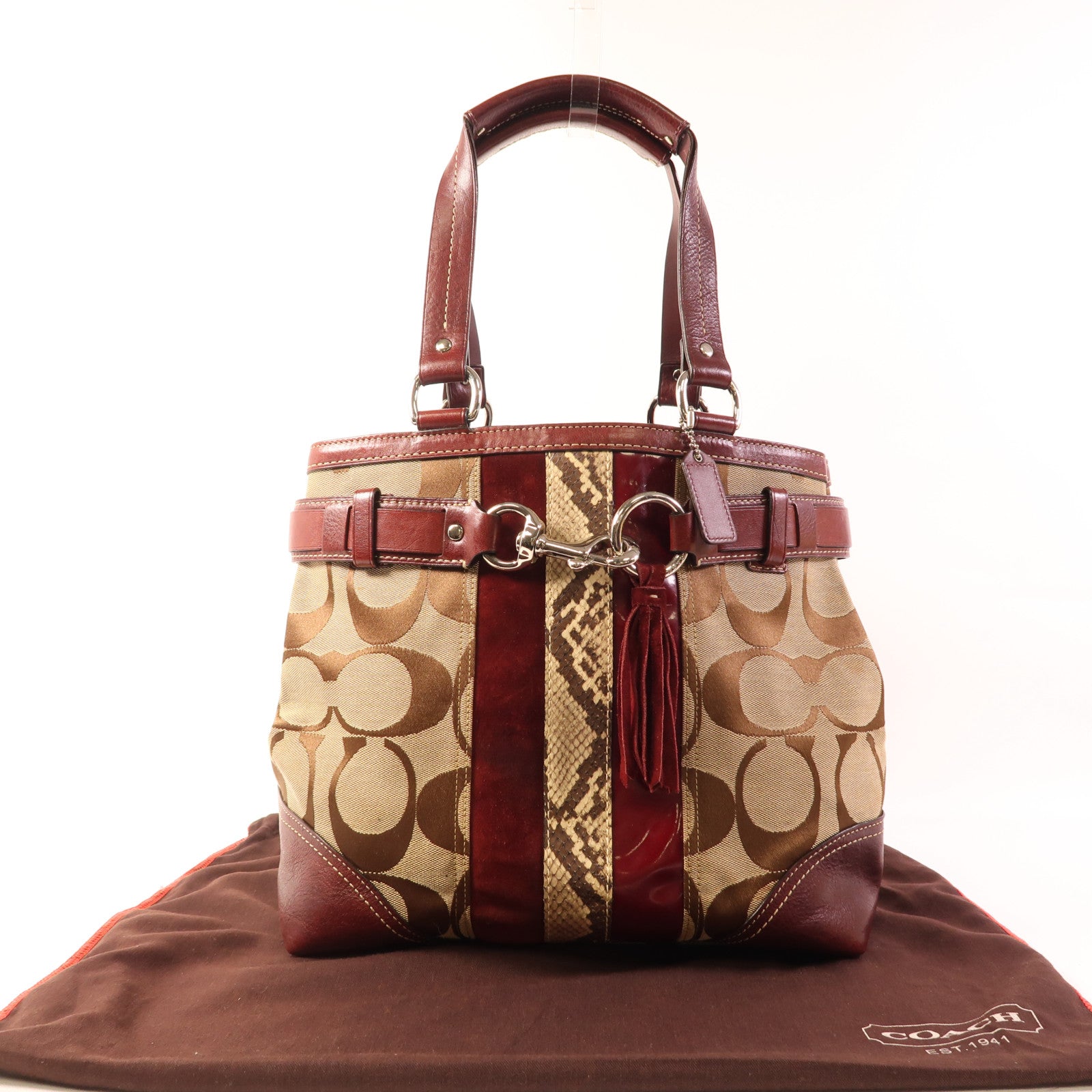 COACH 蛇皮皮革/帆布/皮革Shoulder Bag銀扣肩背袋
