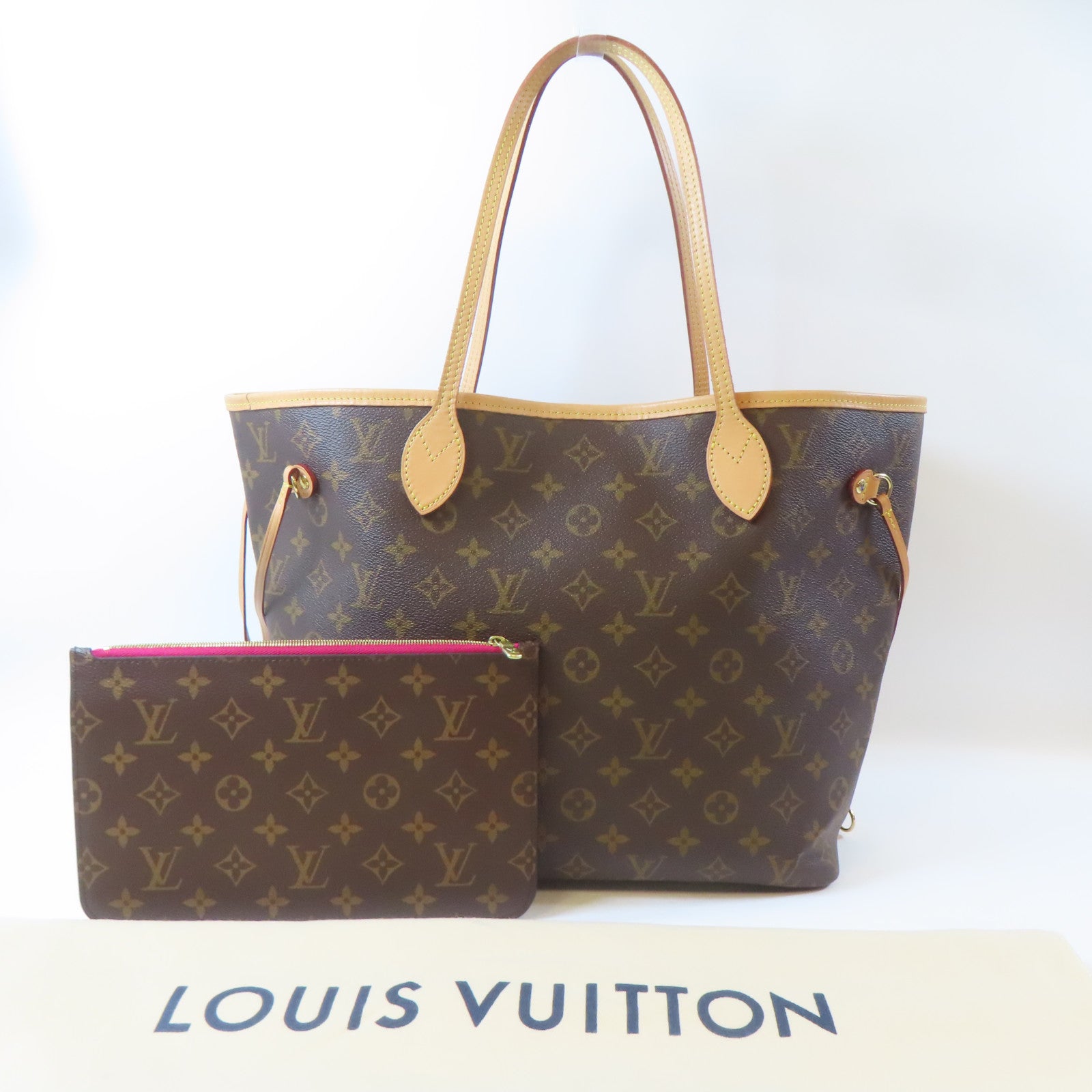 LOUIS VUITTON Monogram Neverfull MM金扣手挽袋啡色