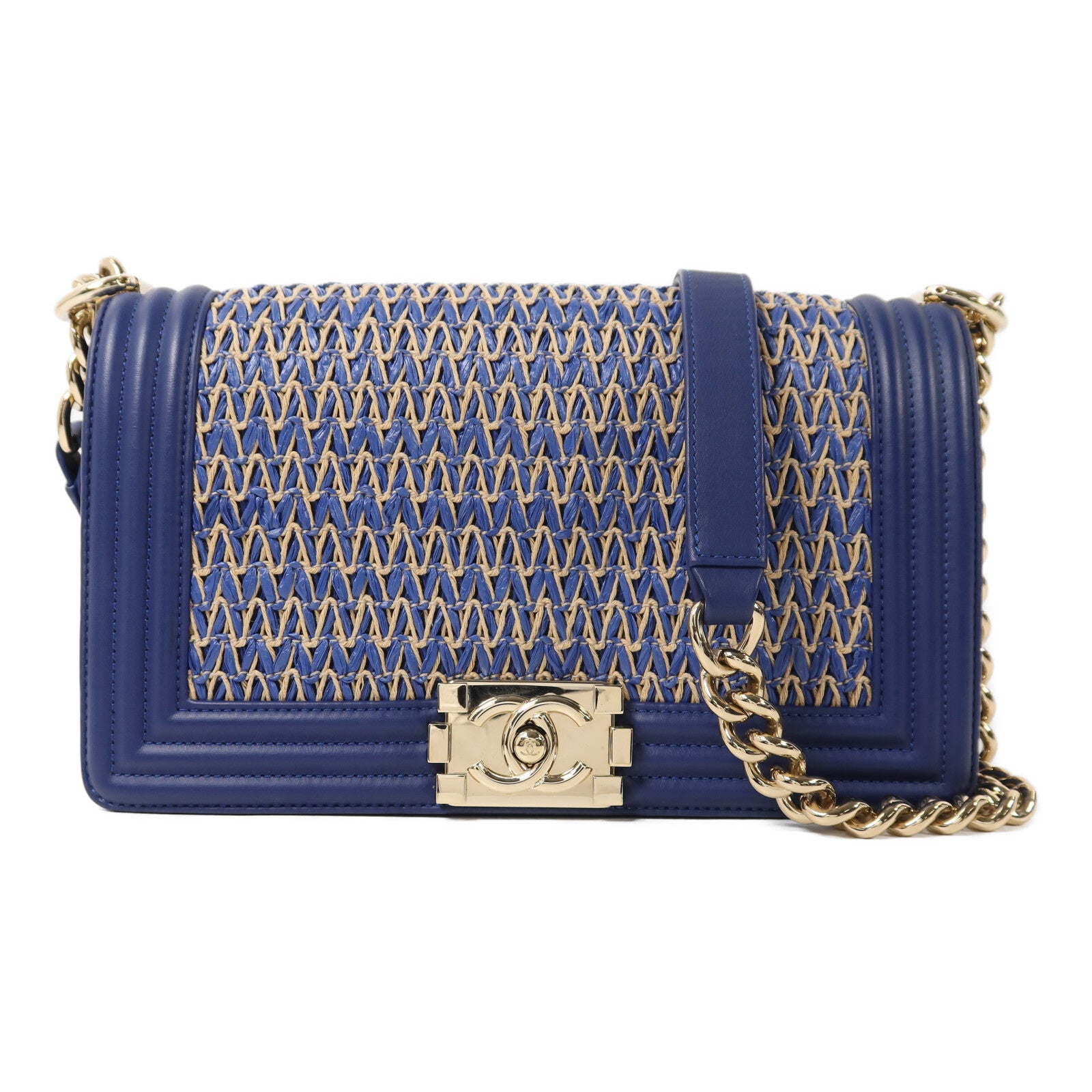 CHANEL 【激減優惠】Raffia Chanel Boy 25金扣鏈帶肩背袋