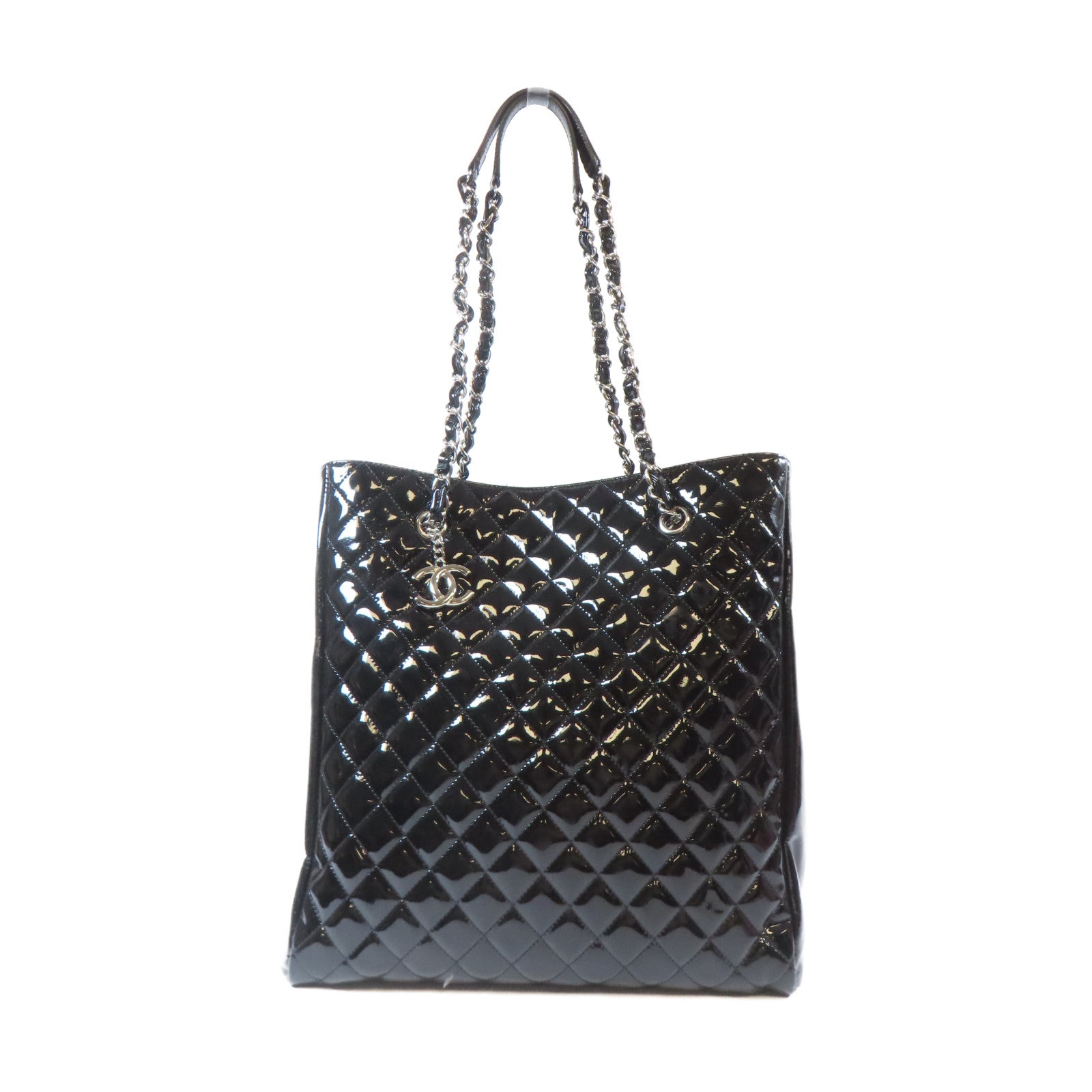 CHANEL 菱格漆皮皮革Chain Shoulder Bag銀扣肩背袋黑色
