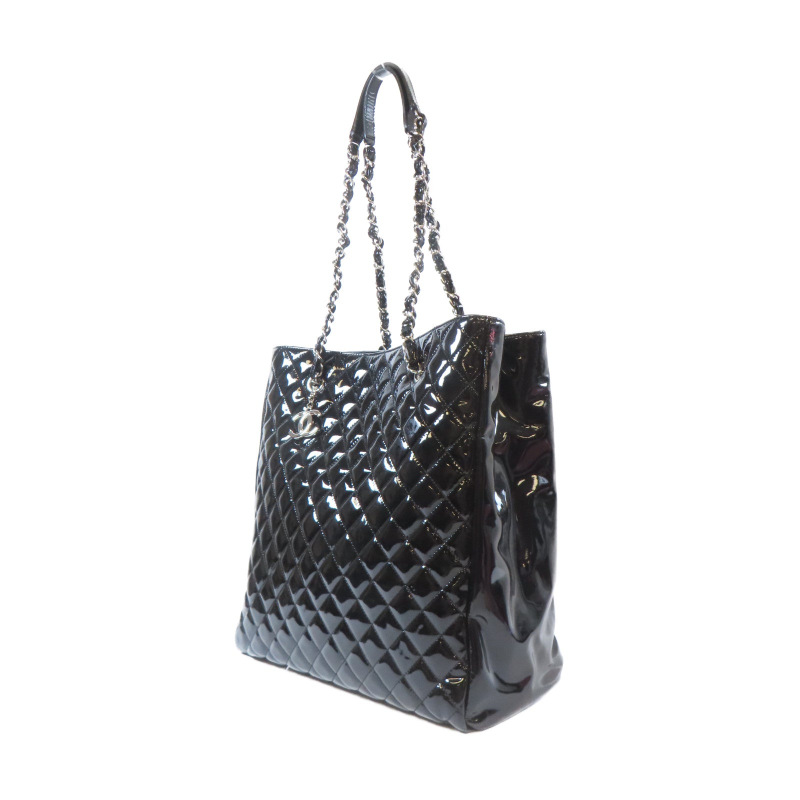 CHANEL 菱格漆皮皮革Chain Shoulder Bag銀扣肩背袋黑色