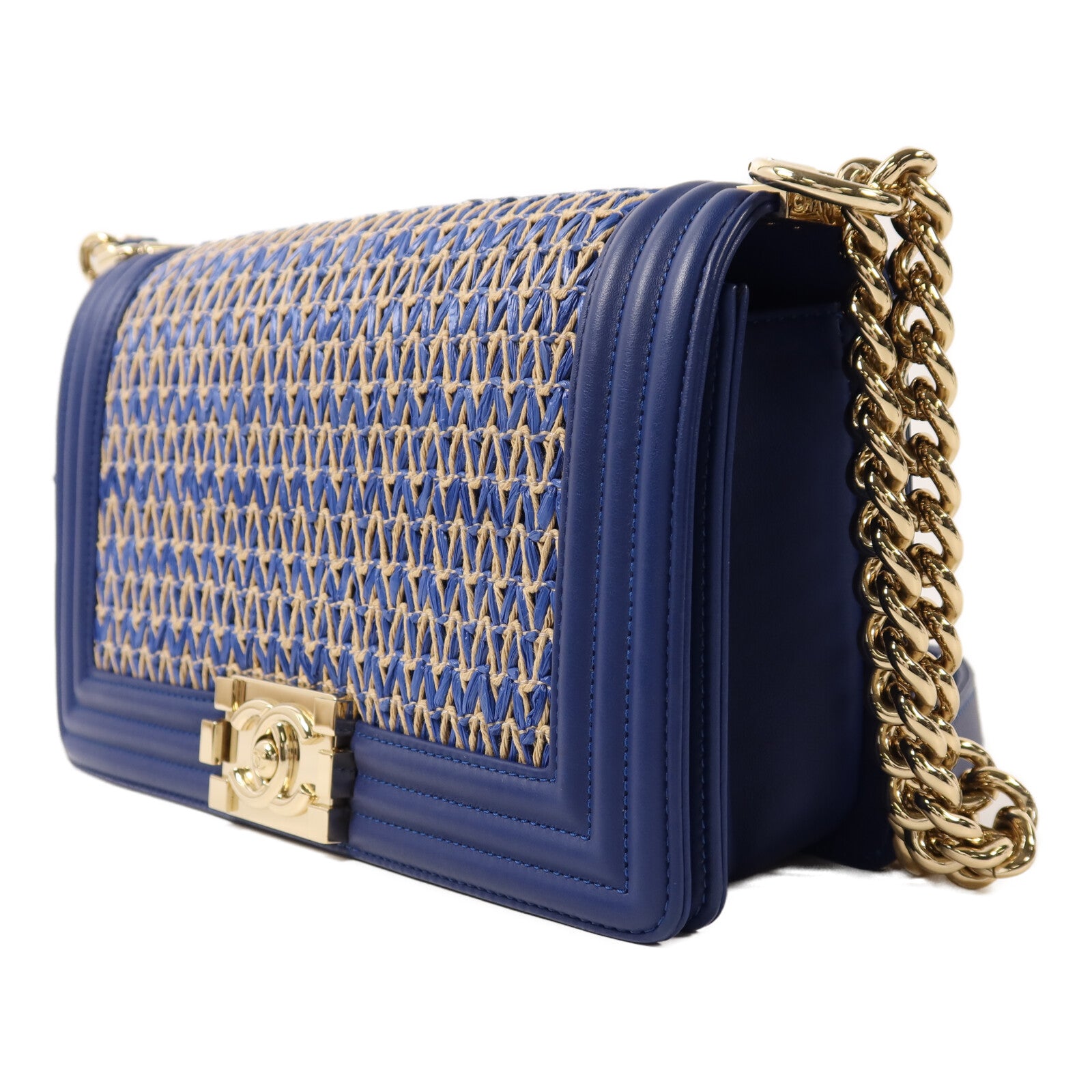CHANEL 【激減優惠】Raffia Chanel Boy 25金扣鏈帶肩背袋