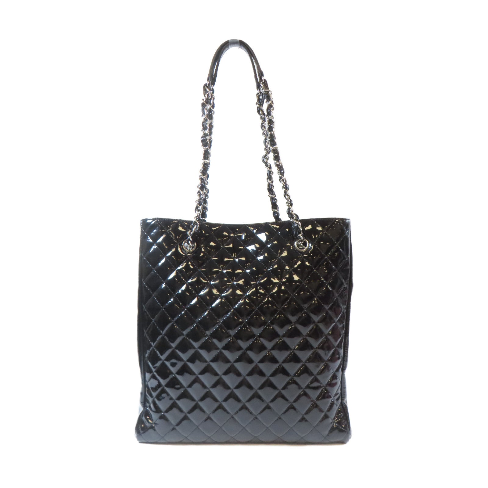 CHANEL 菱格漆皮皮革Chain Shoulder Bag銀扣肩背袋黑色