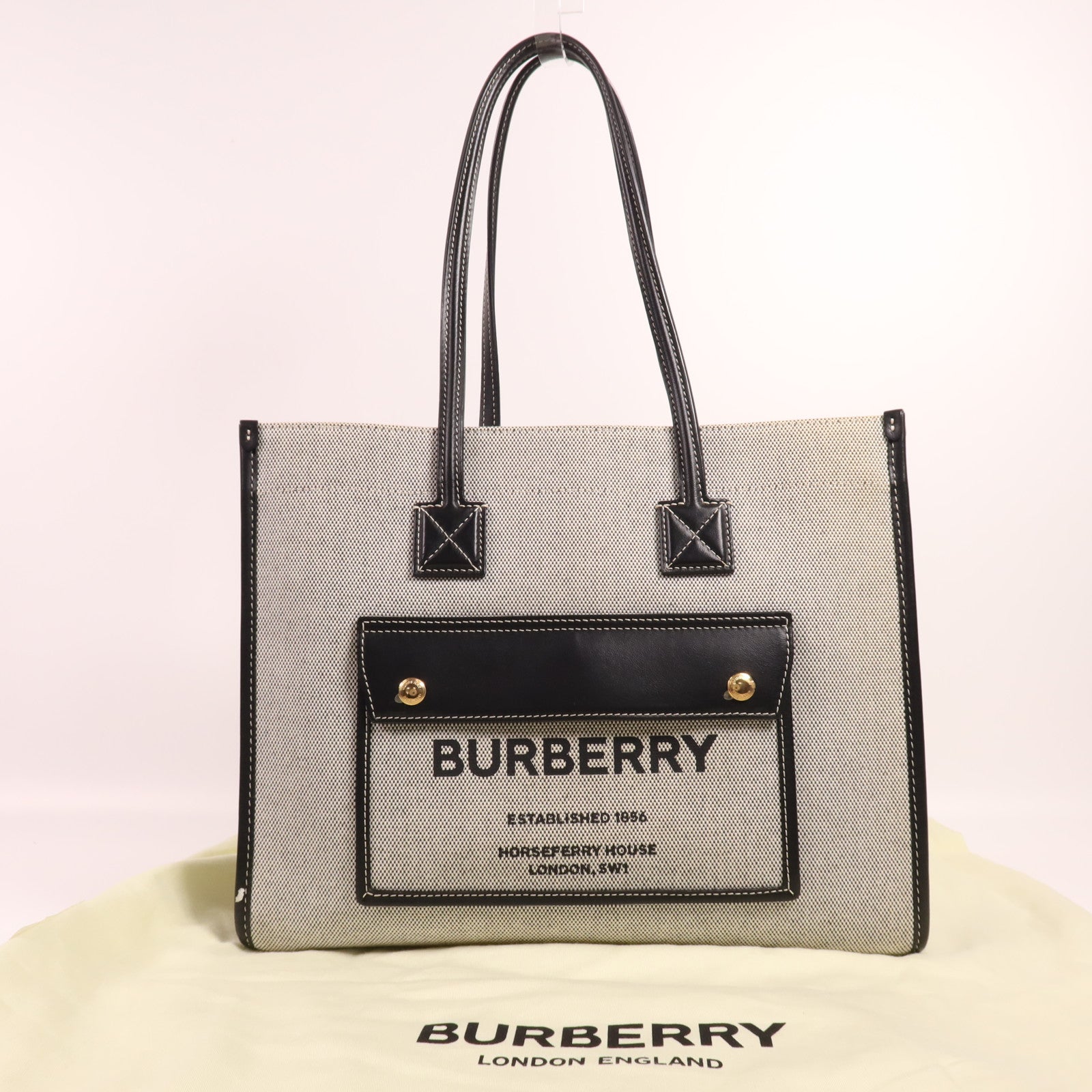 BURBERRY 帆布/皮革Freya Tote金扣肩背袋
