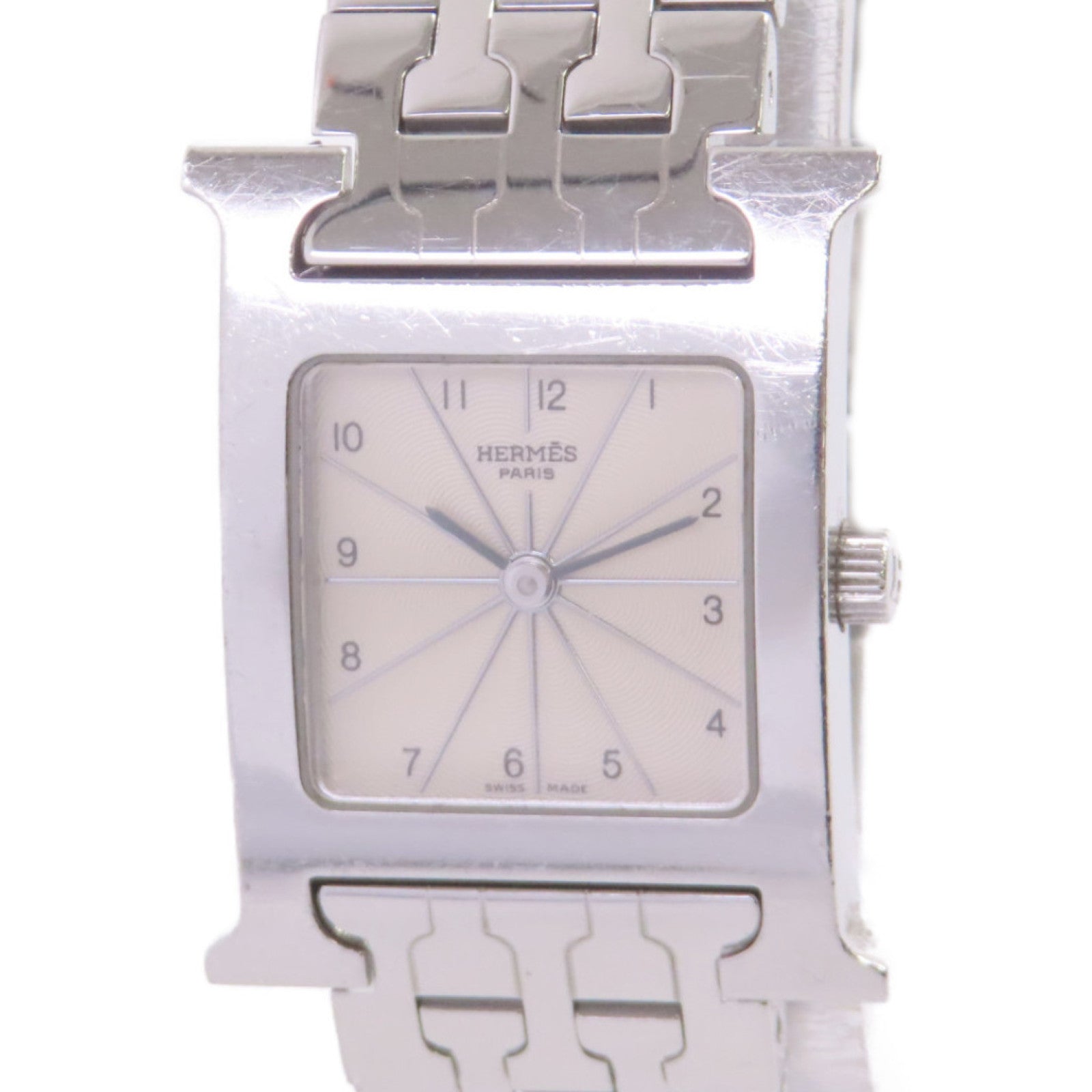 HERMES Medium Heure H Watch不鏽鋼銀扣石英機芯手錶米白色/銀色