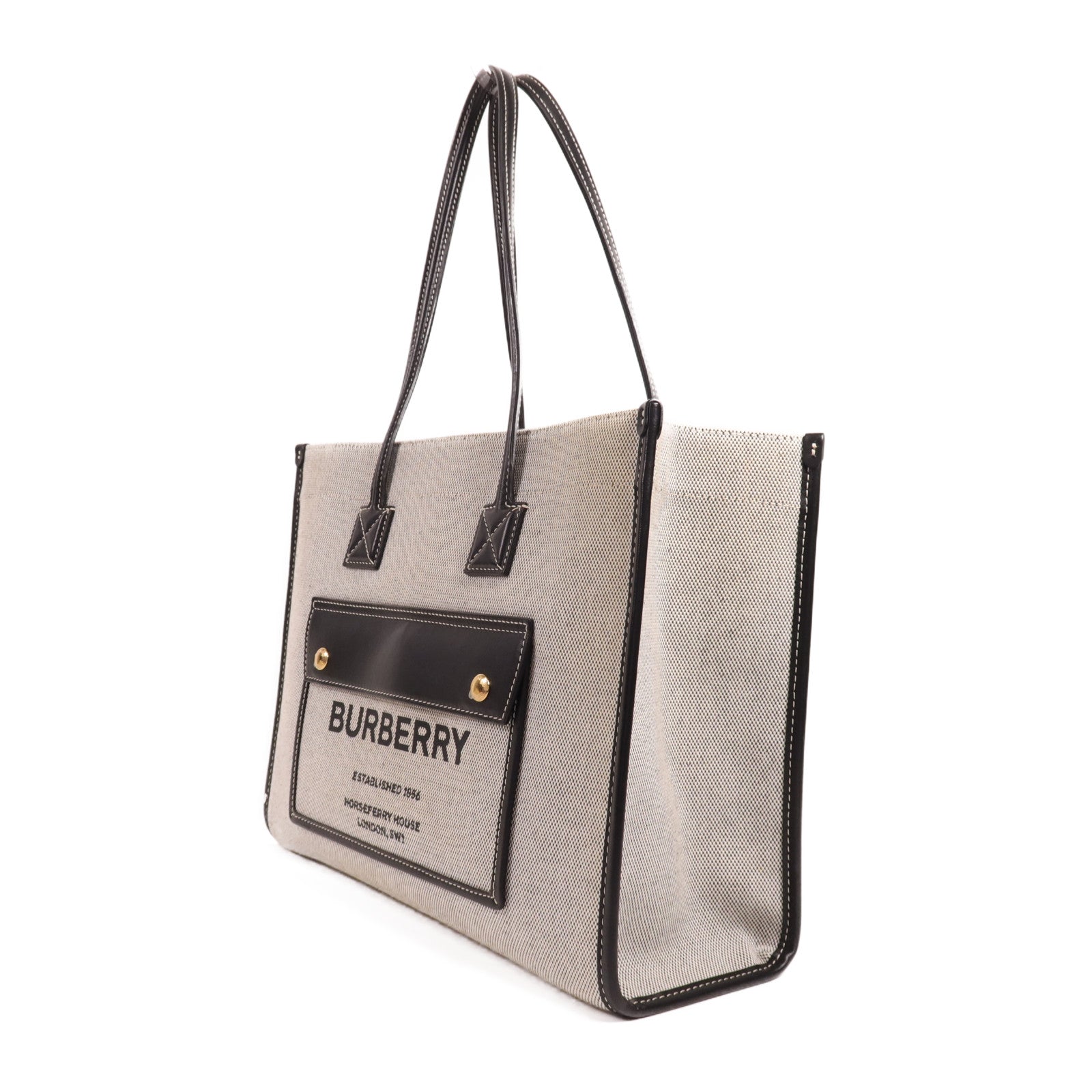 BURBERRY 帆布/皮革Freya Tote金扣肩背袋