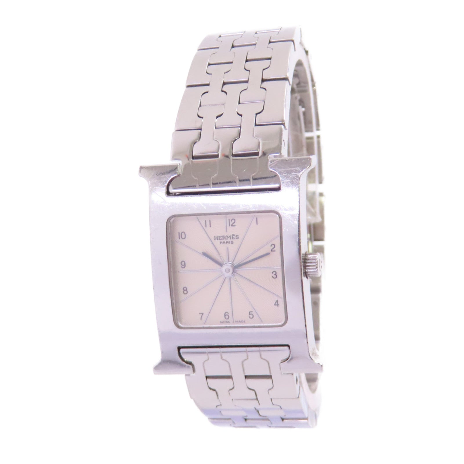 HERMES Medium Heure H Watch不鏽鋼銀扣石英機芯手錶米白色/銀色