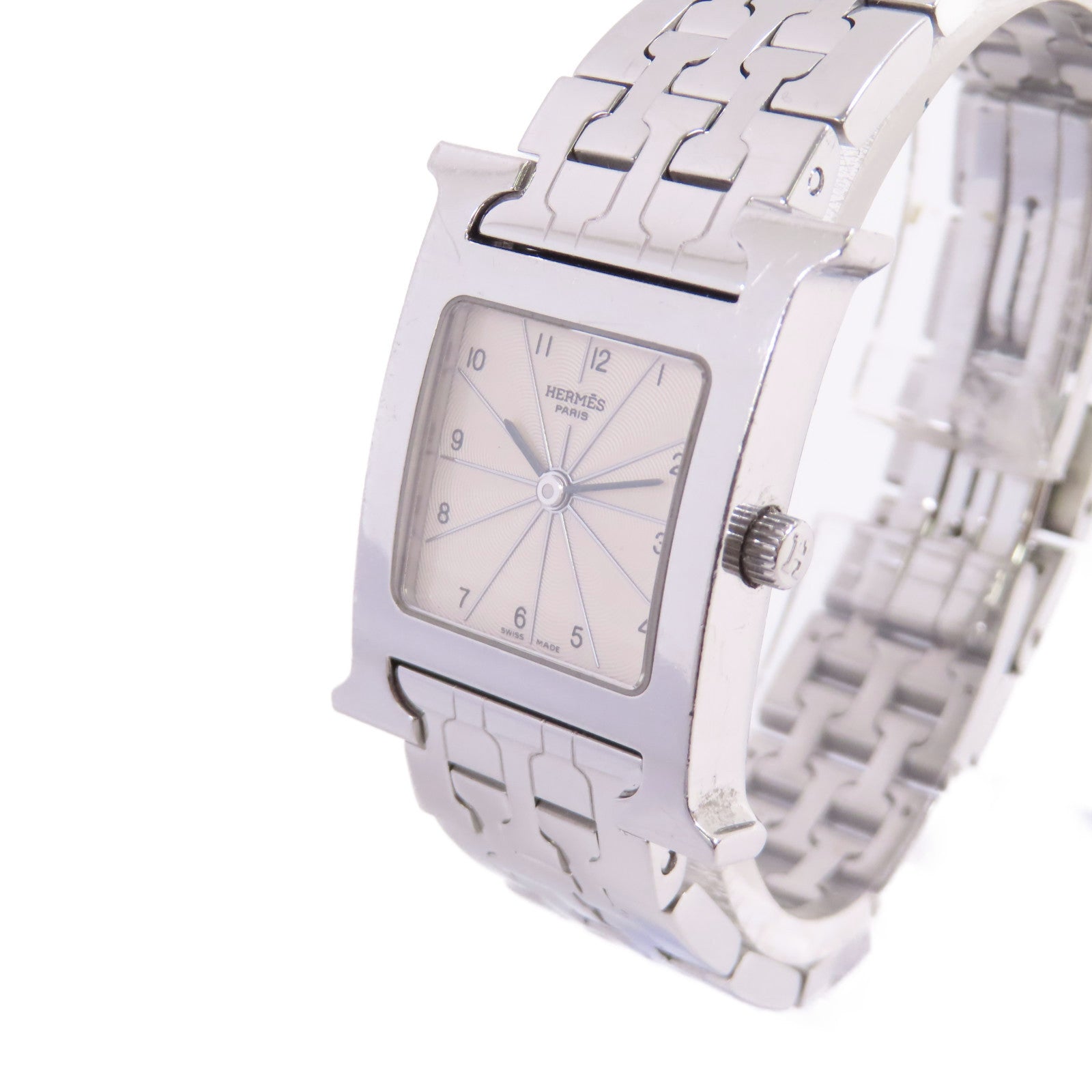 HERMES Medium Heure H Watch不鏽鋼銀扣石英機芯手錶米白色/銀色