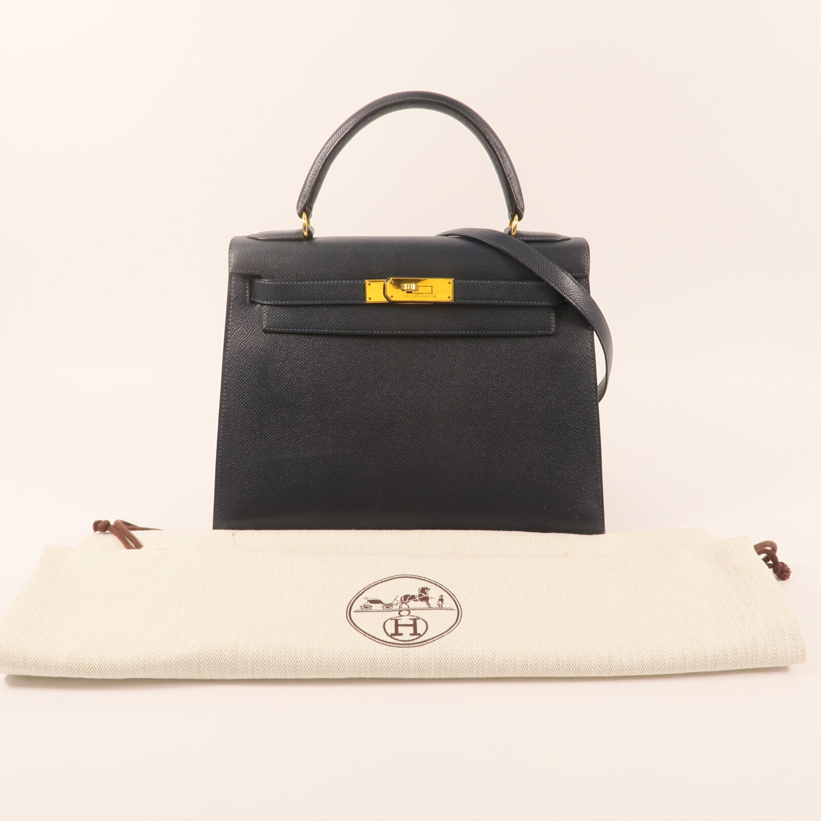 HERMES Epsom皮革Kelly 28金扣手挽肩背兩用袋Bleu Saphir