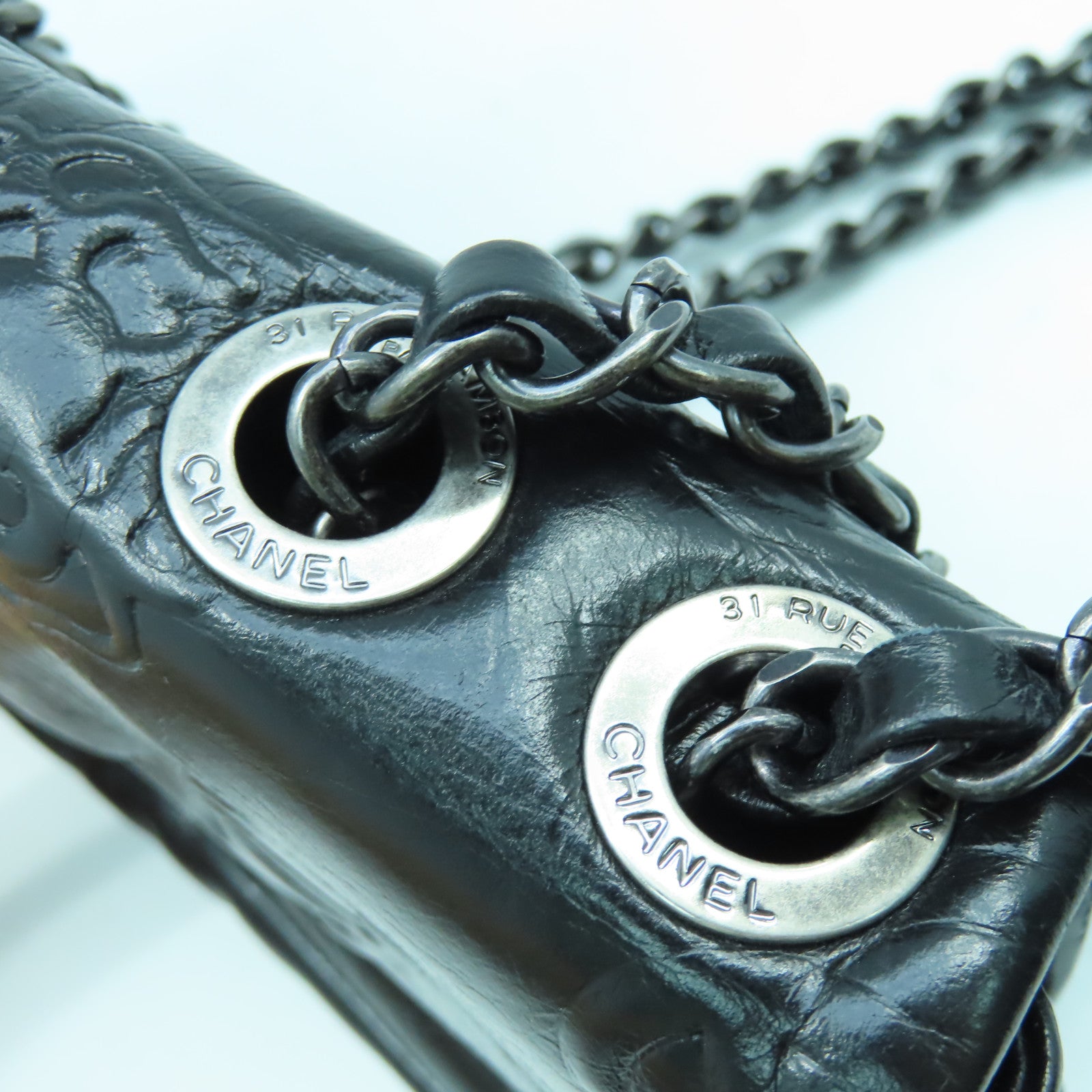 CHANEL 【清倉大減價】牛皮皮革Chain Shoulder銀扣鏈帶肩背袋黑色