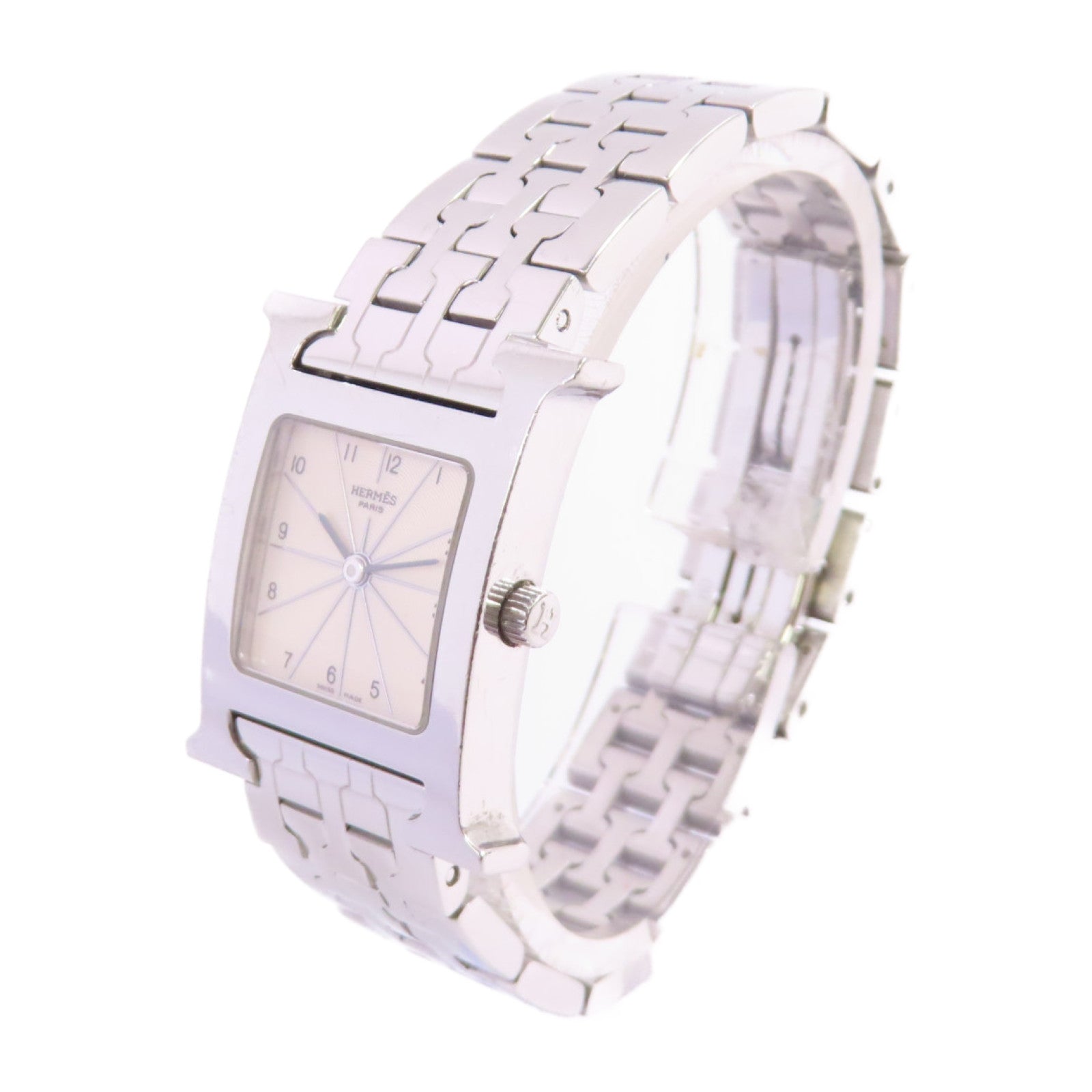 HERMES Medium Heure H Watch不鏽鋼銀扣石英機芯手錶米白色/銀色