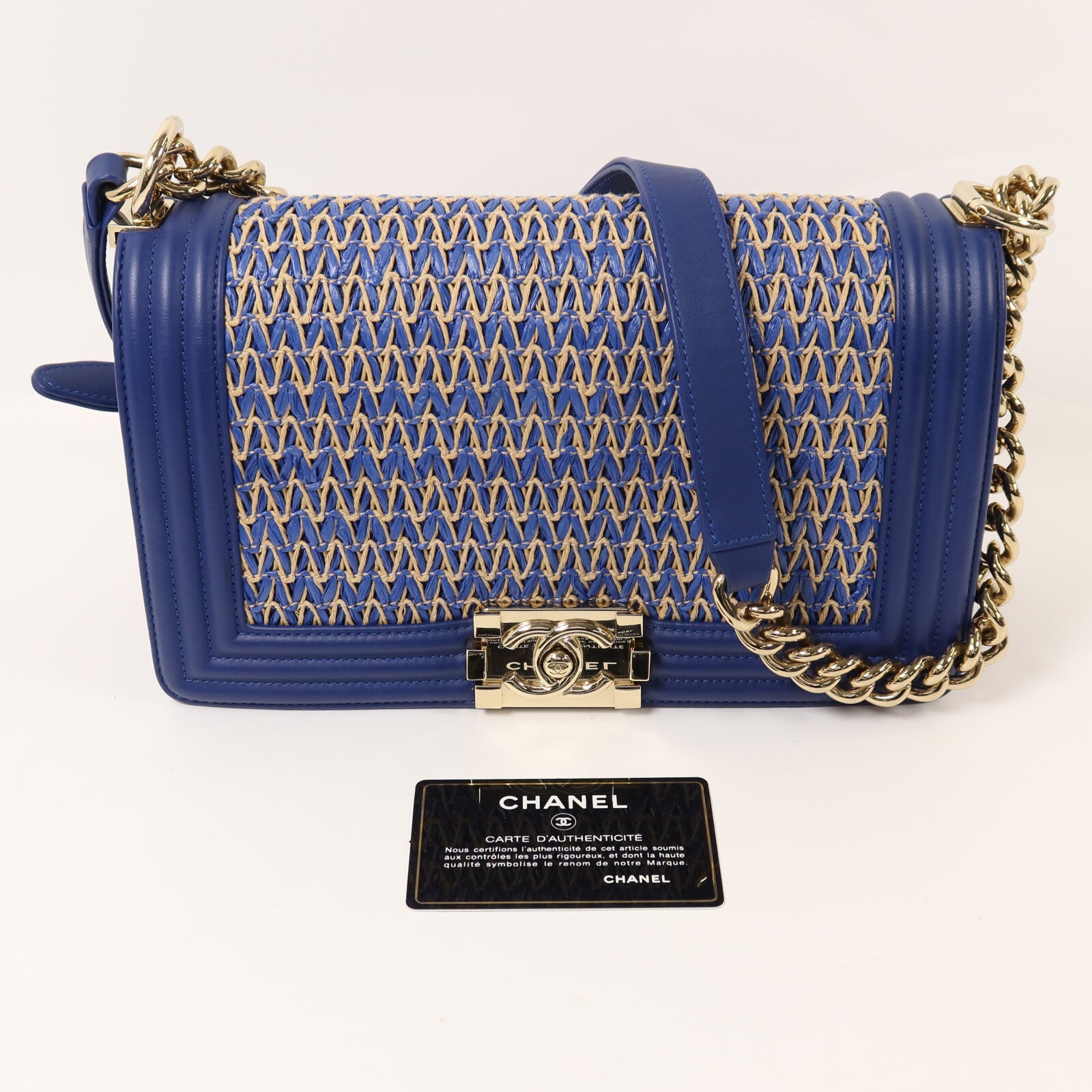 CHANEL 【激減優惠】Raffia Chanel Boy 25金扣鏈帶肩背袋