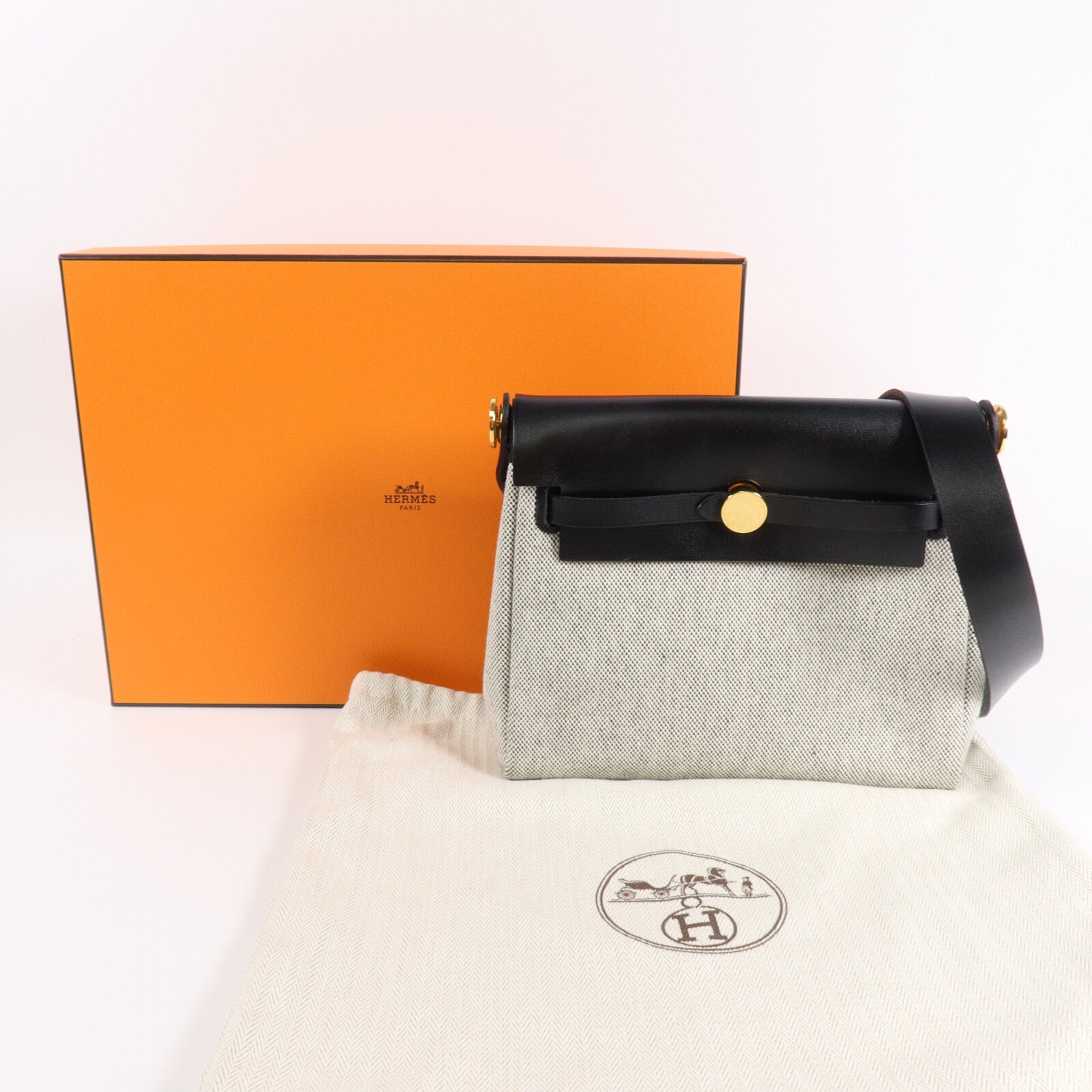 HERMES 帆布/Hunter皮革Mini Herbag肩背袋Ecru/Noir