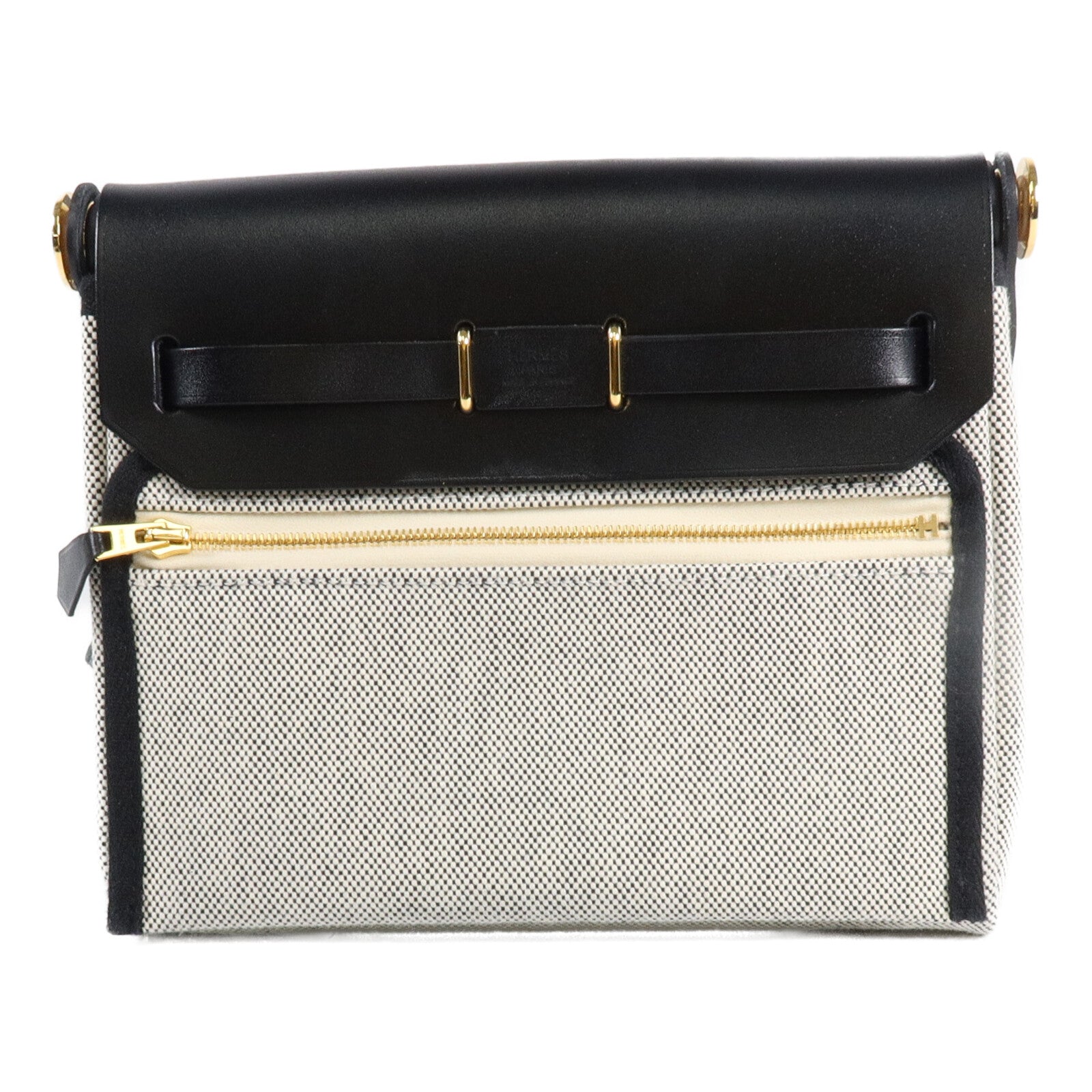 HERMES 帆布/Hunter皮革Mini Herbag肩背袋Ecru/Noir