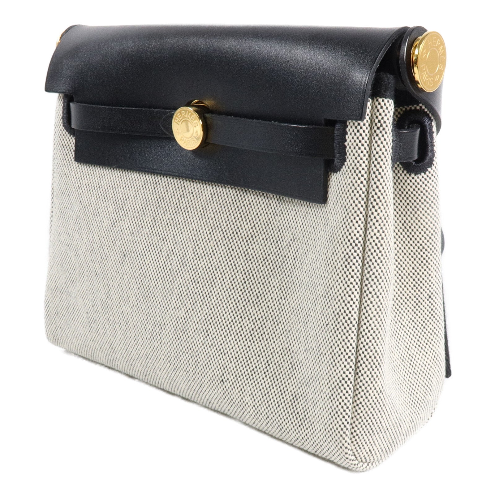 HERMES 帆布/Hunter皮革Mini Herbag肩背袋Ecru/Noir