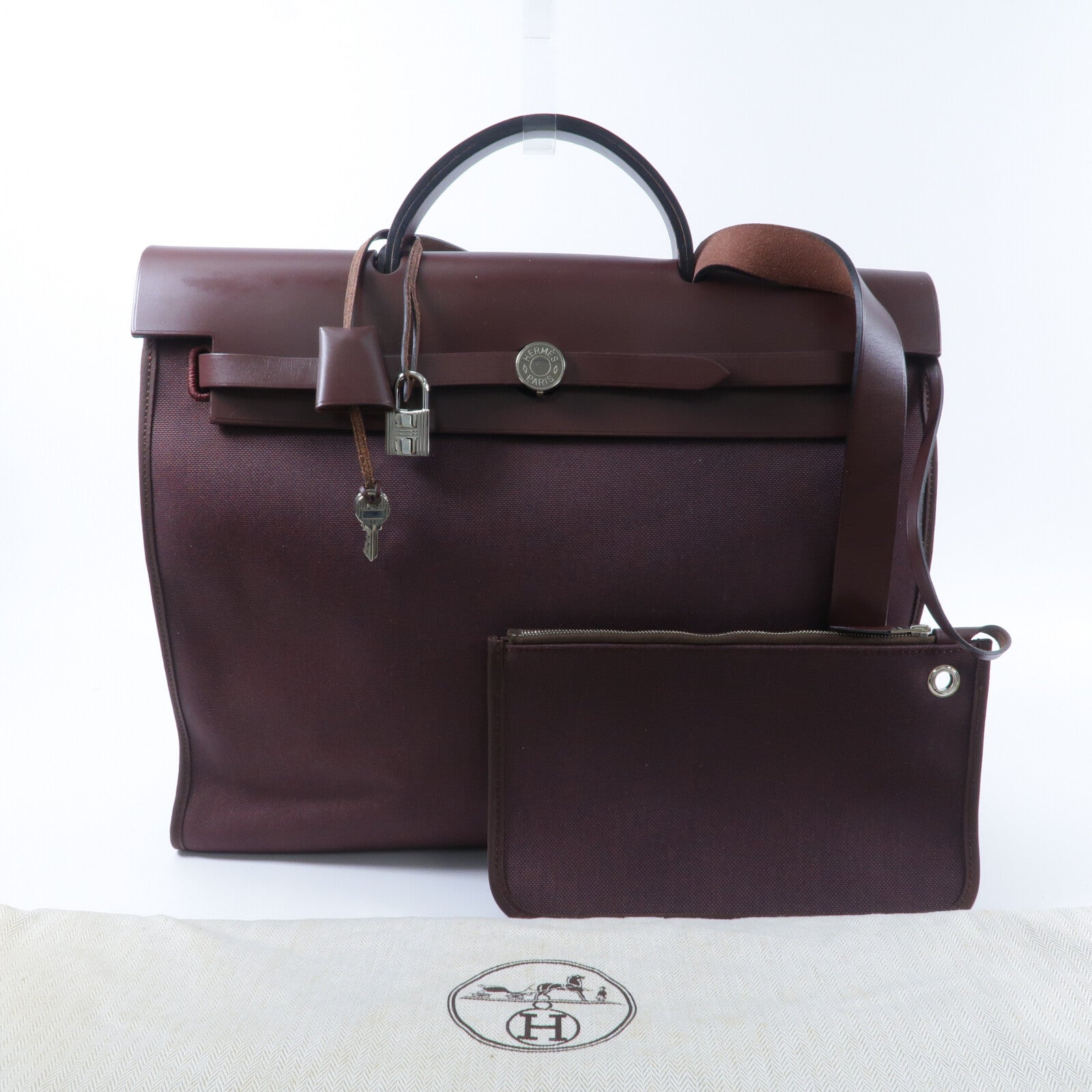HERMES 帆布/Veau Hunter皮革Herbag MM手挽肩背兩用袋Rouge H