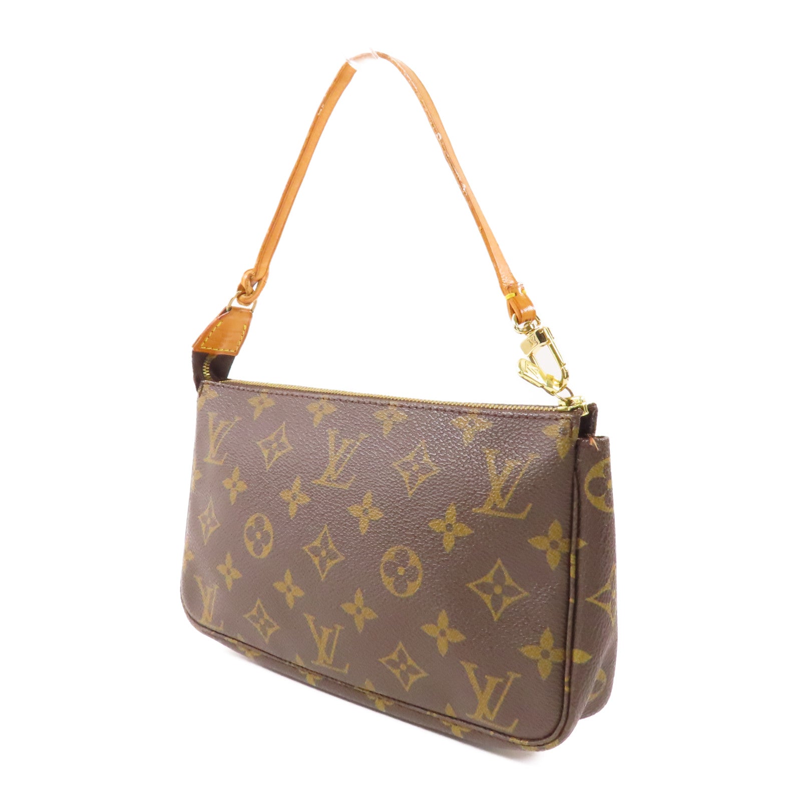 LOUIS VUITTON Monogram Pochette Accessoires金扣手挽袋棕色