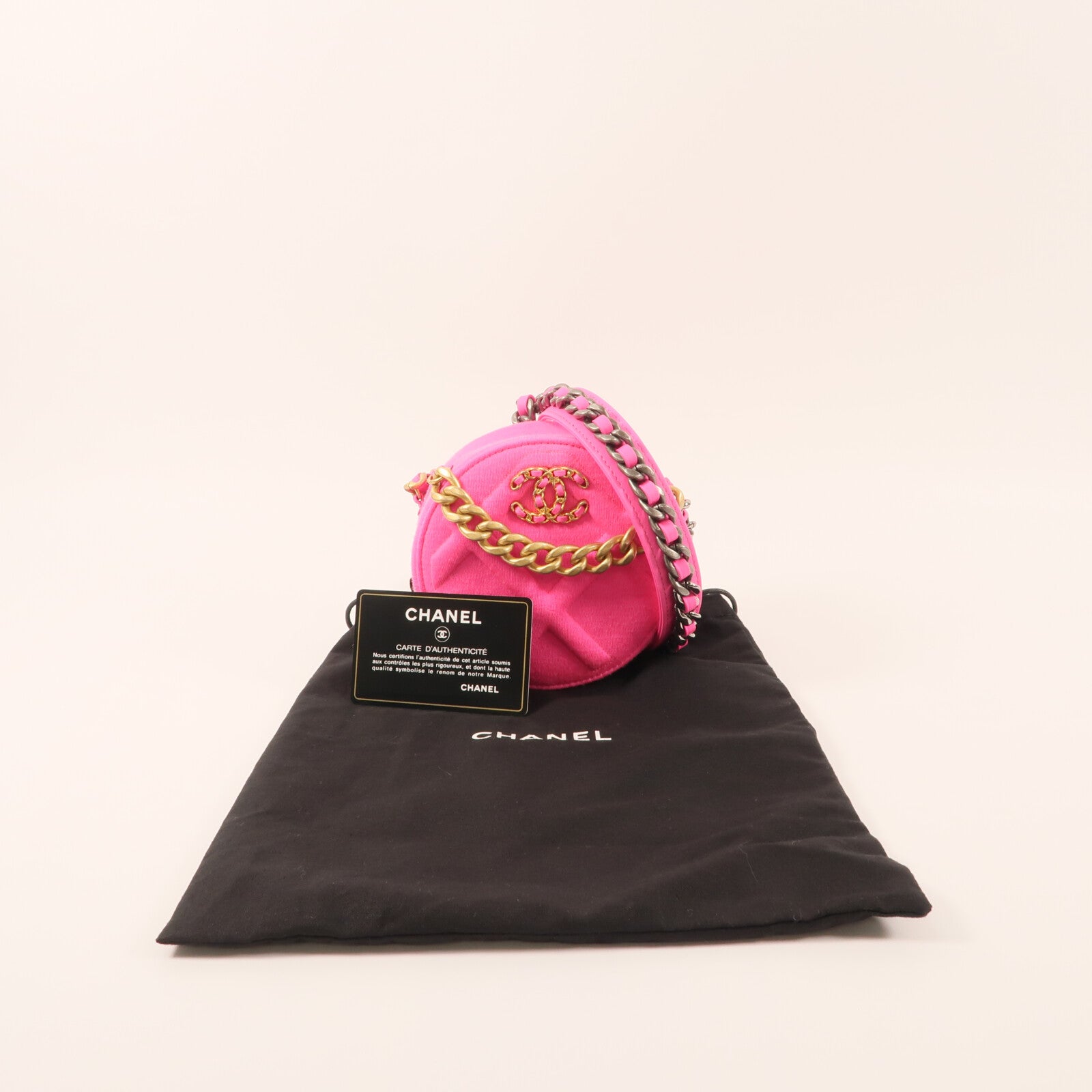CHANEL 布料Jersey 19金扣鏈帶肩背袋