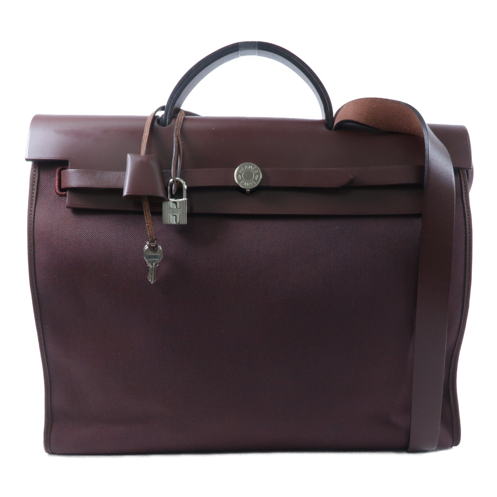 HERMES 帆布/Veau Hunter皮革Herbag MM手挽肩背兩用袋Rouge H