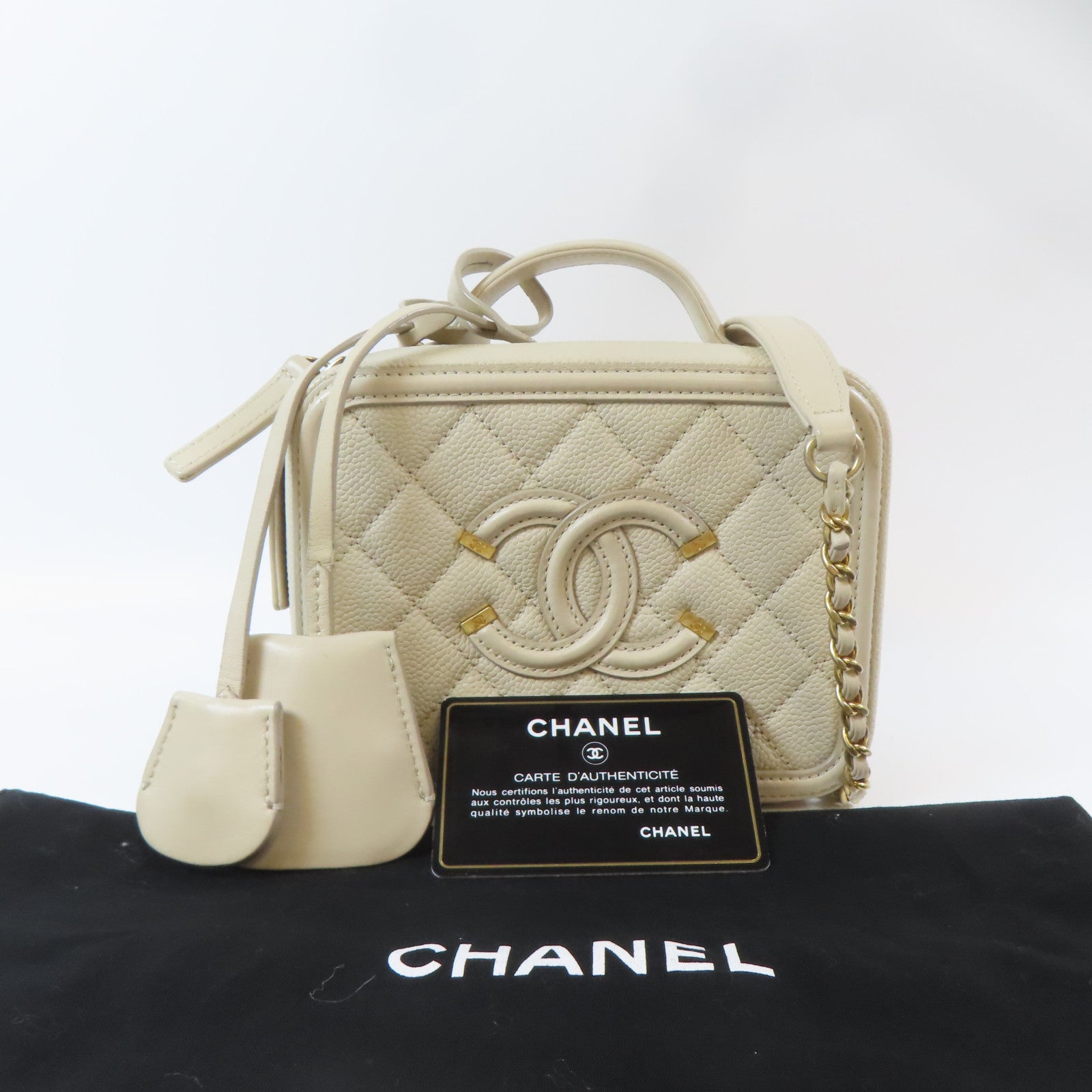 CHANEL 【激減優惠】菱格Caviar皮革Vanity Case金扣肩背袋白色