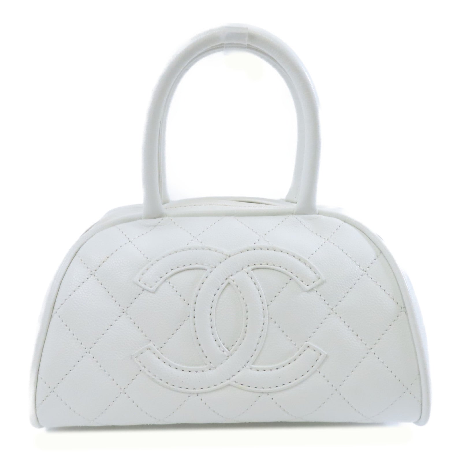 CHANEL 菱格Caviar皮革Bowling Bag銀扣手挽袋白色