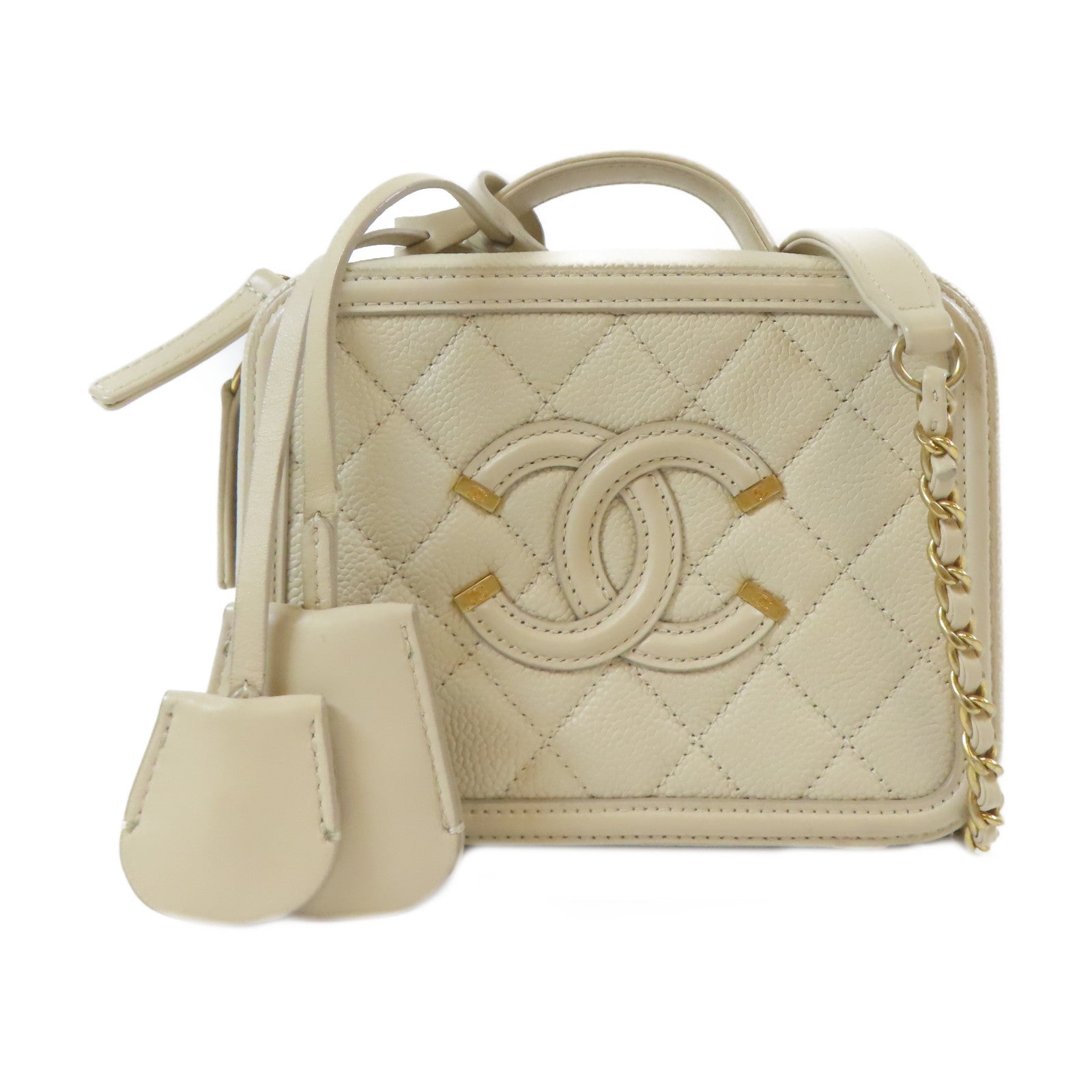 CHANEL 【激減優惠】菱格Caviar皮革Vanity Case金扣肩背袋白色