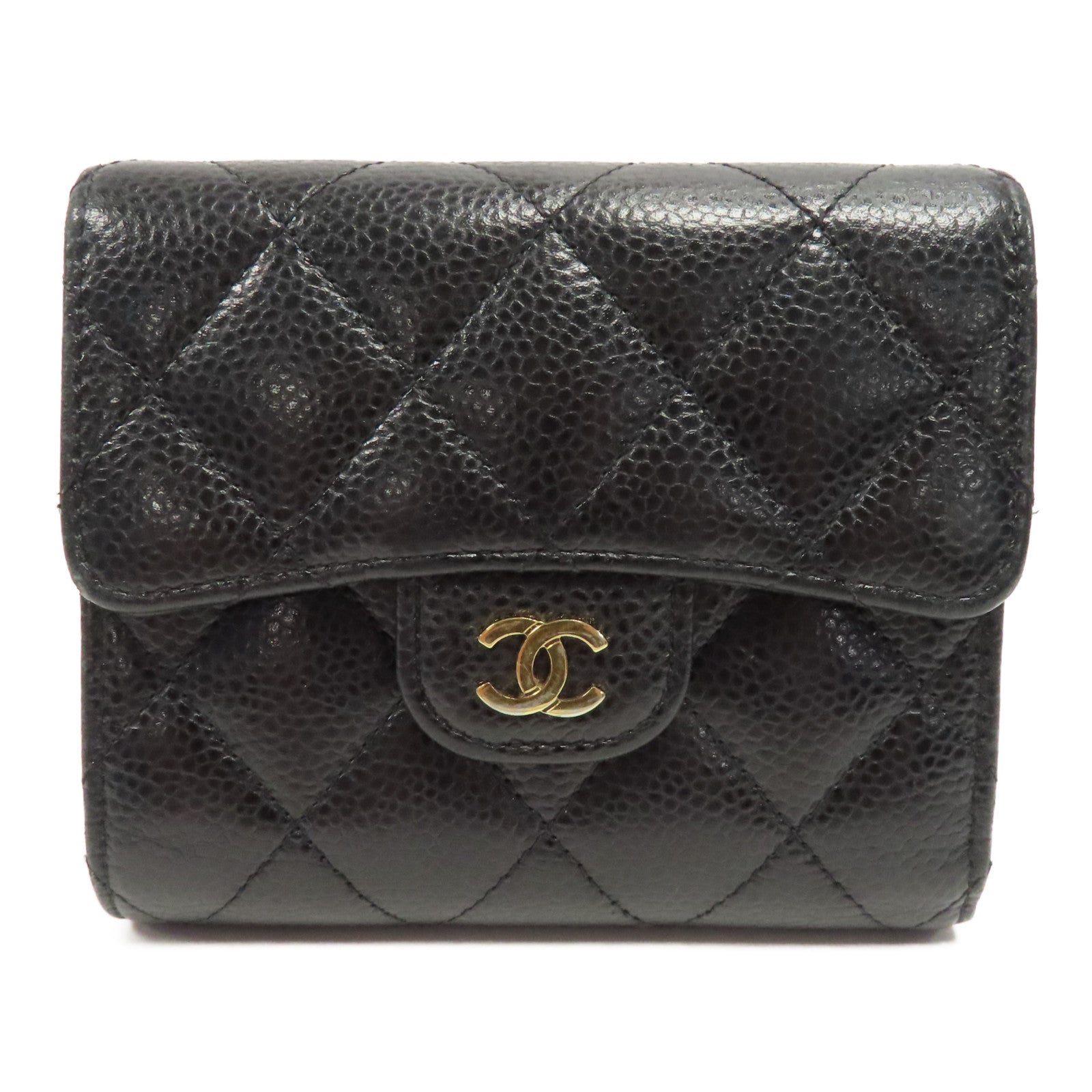 CHANEL 菱格Caviar皮革Wallet金扣錢包黑色