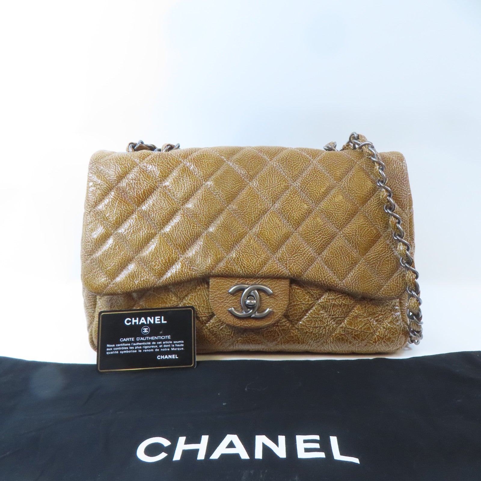 CHANEL 菱格漆皮皮革Chain Shoulder銀扣鏈帶肩背袋啡色