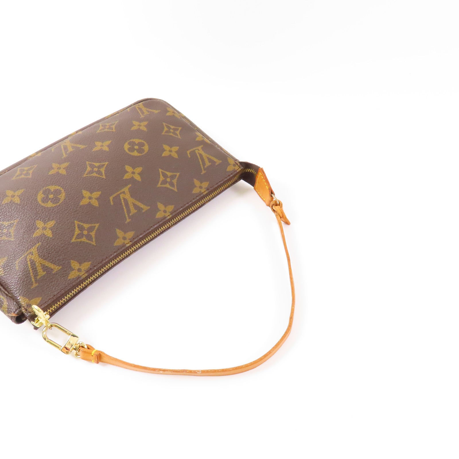 LOUIS VUITTON Monogram Pochette Accessoires金扣手挽袋棕色