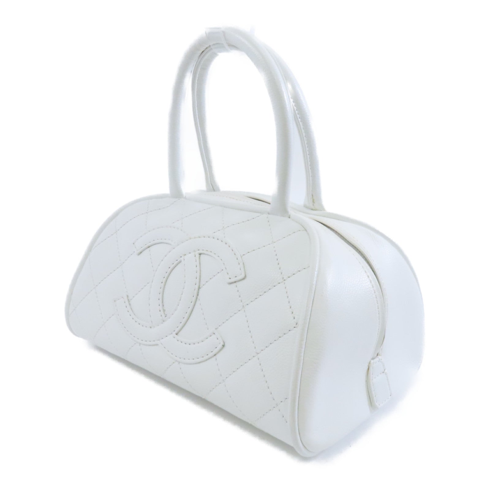 CHANEL 菱格Caviar皮革Bowling Bag銀扣手挽袋白色
