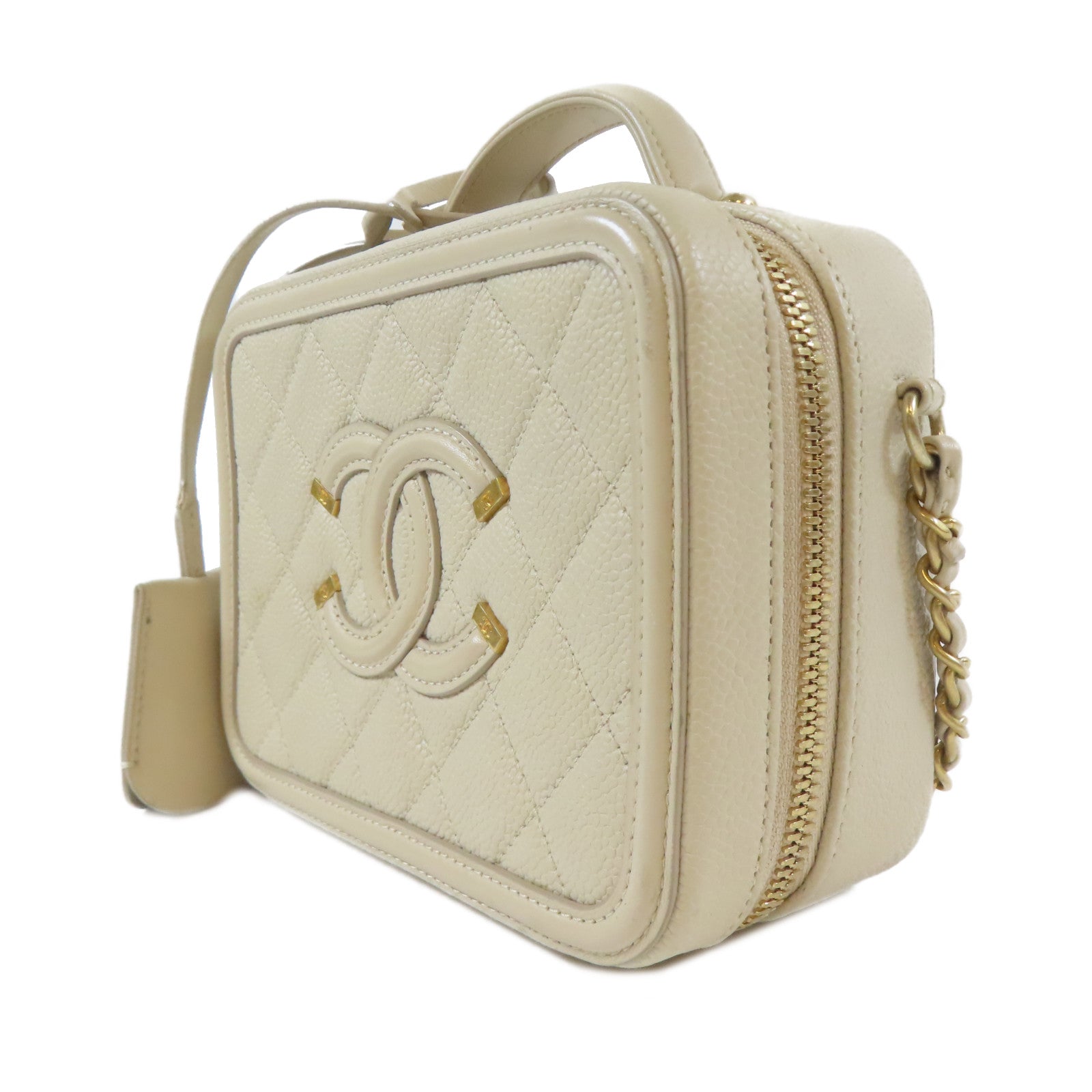 CHANEL 【激減優惠】菱格Caviar皮革Vanity Case金扣肩背袋白色
