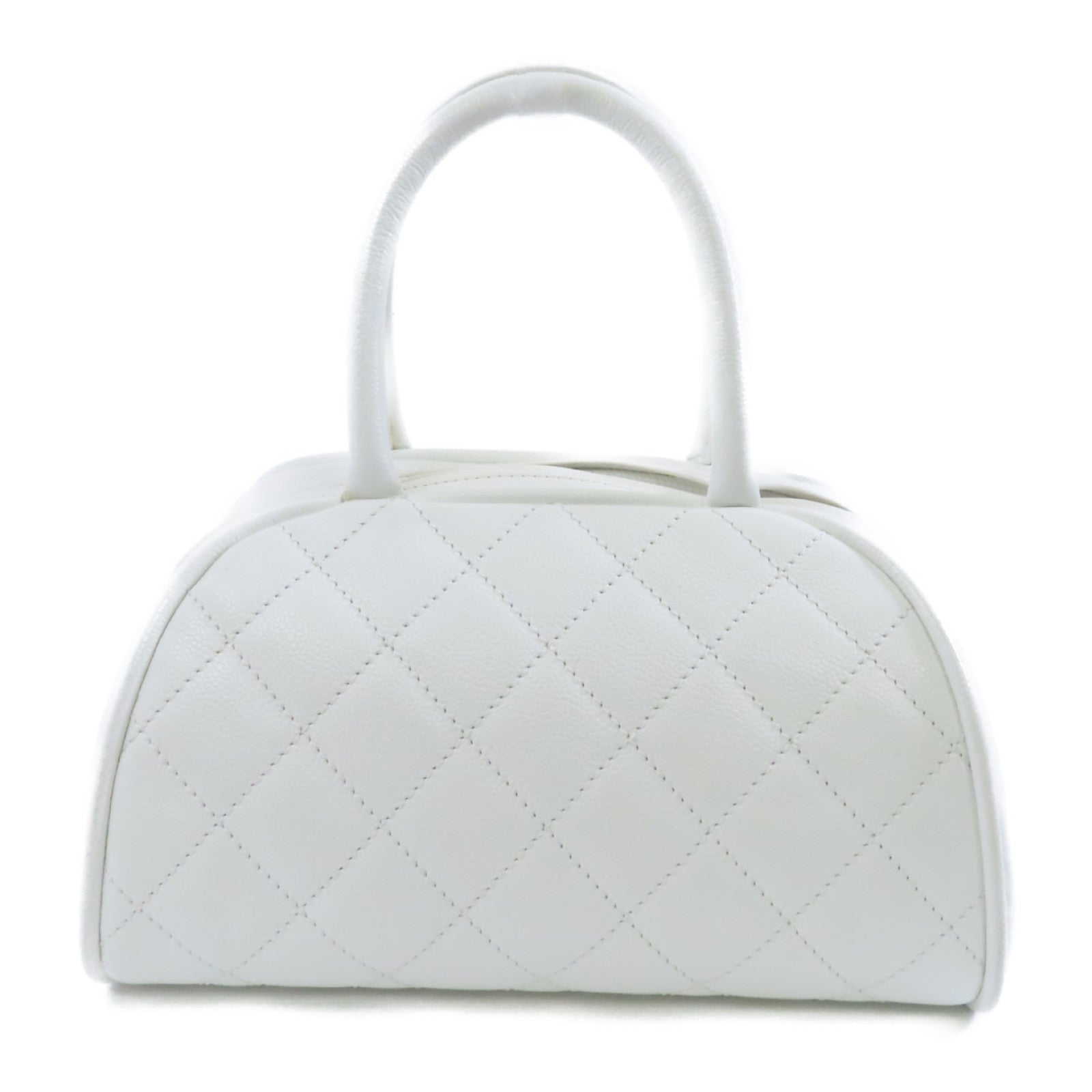CHANEL 菱格Caviar皮革Bowling Bag銀扣手挽袋白色