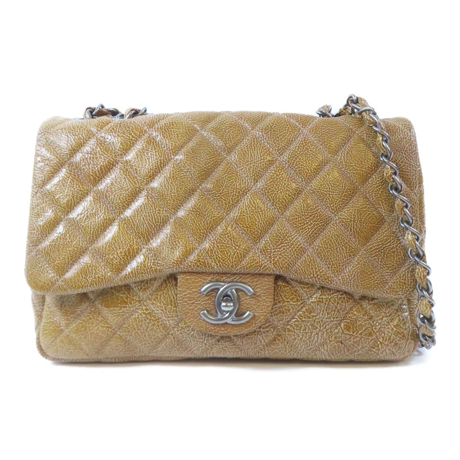 CHANEL 菱格漆皮皮革Chain Shoulder銀扣鏈帶肩背袋啡色