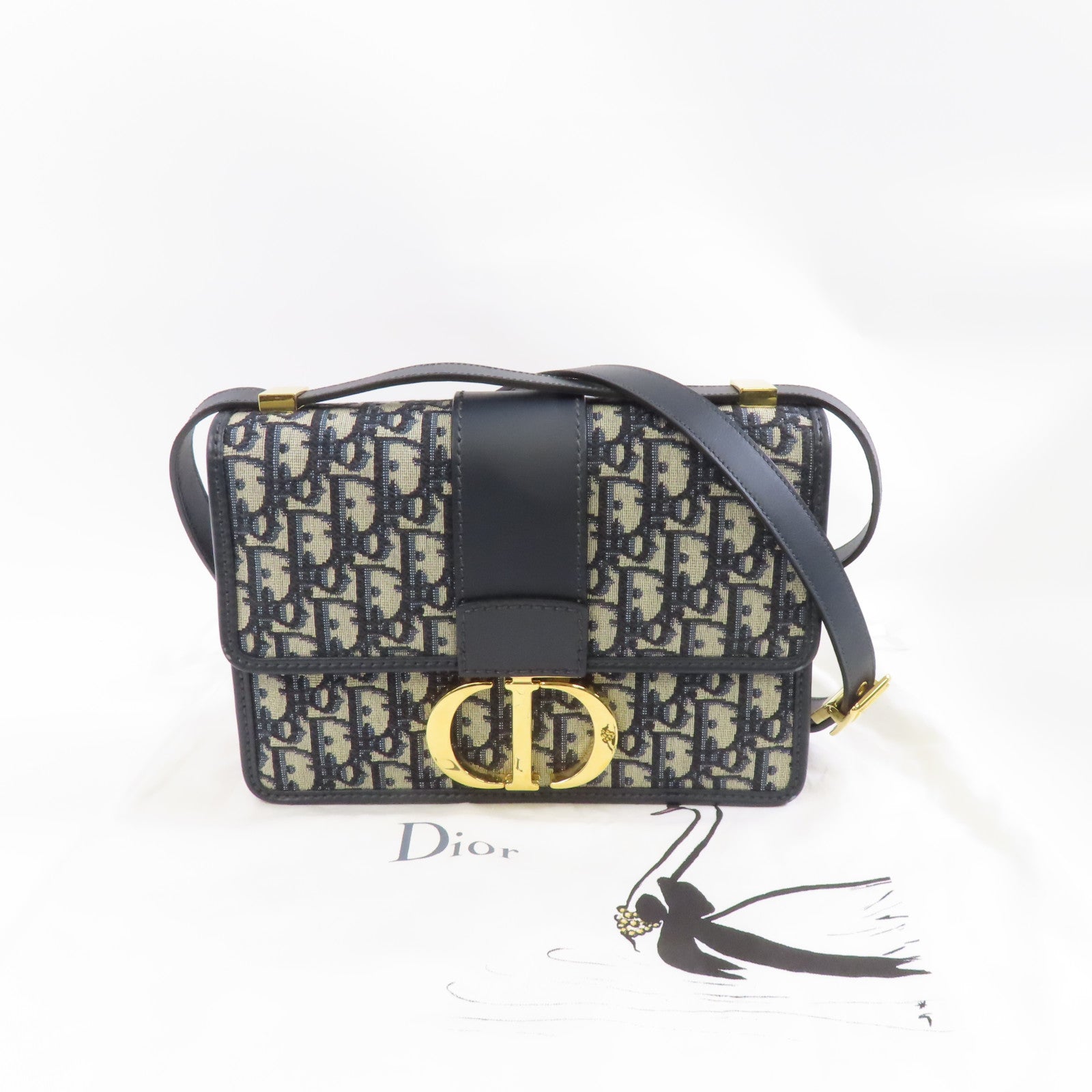 Dior 帆布/皮革Montaigne 30金扣肩背袋藍色