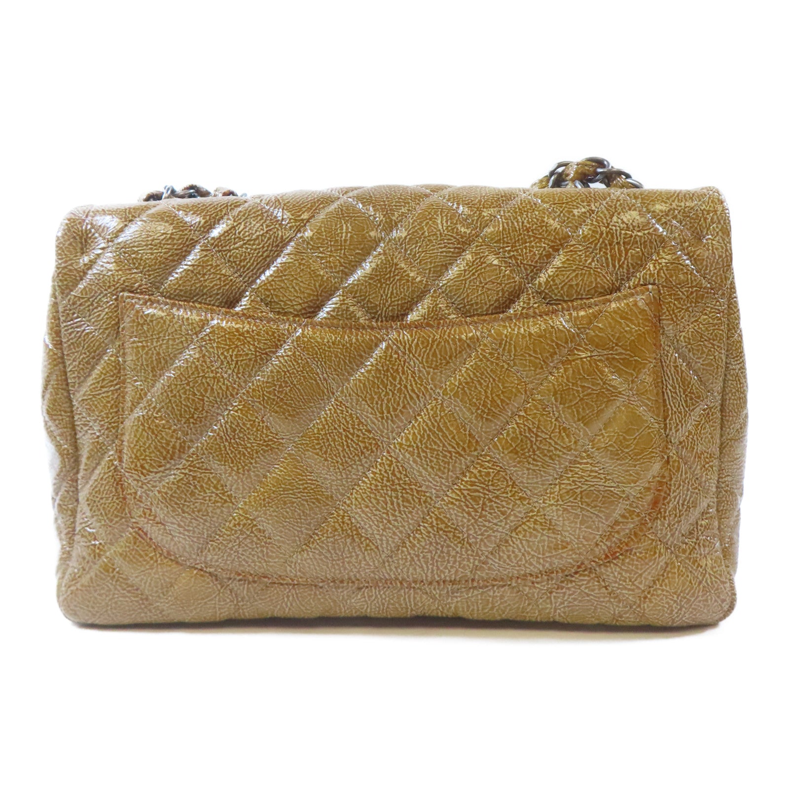 CHANEL 菱格漆皮皮革Chain Shoulder銀扣鏈帶肩背袋啡色