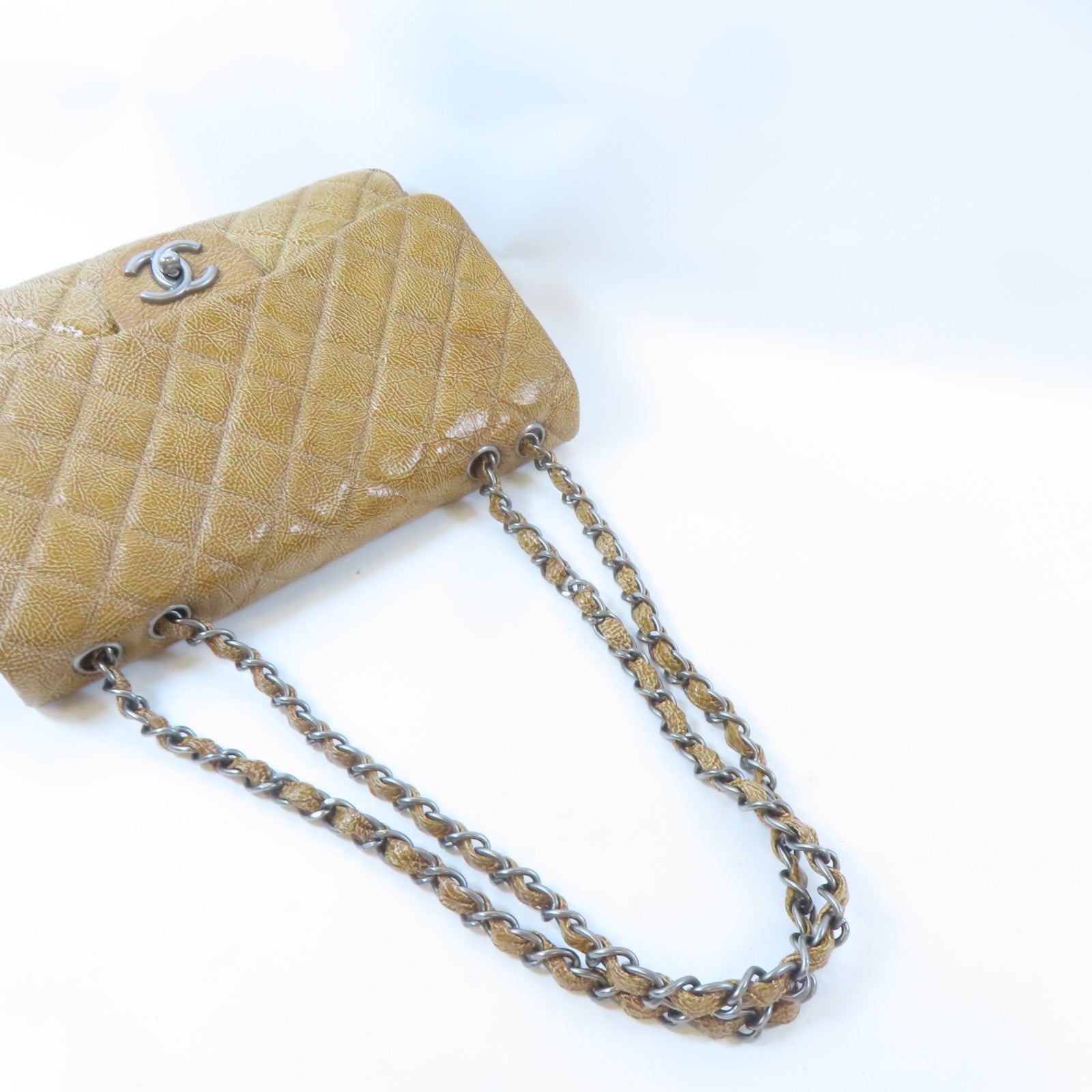 CHANEL 菱格漆皮皮革Chain Shoulder銀扣鏈帶肩背袋啡色