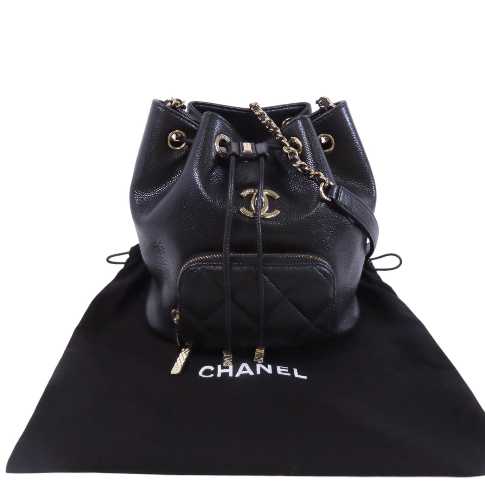CHANEL 牛皮皮革Bucket金扣鏈帶肩背袋